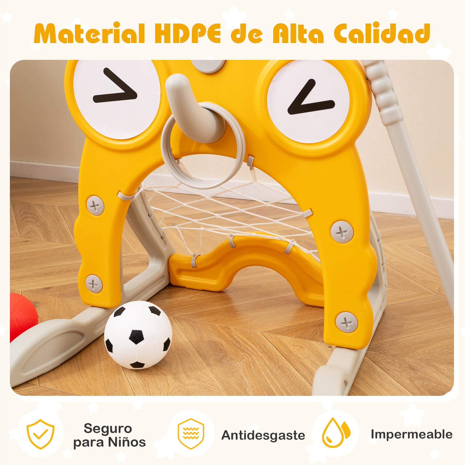 COSTWAY Canasta de Baloncesto para Niños, 4 en 1 Centro de Actividades para Interiores y Exteriores con Aro, Portería de Fútbol, Juego de Anillas, Golf, 4 Altura Ajustable y Base Rellenable (Ciervo)