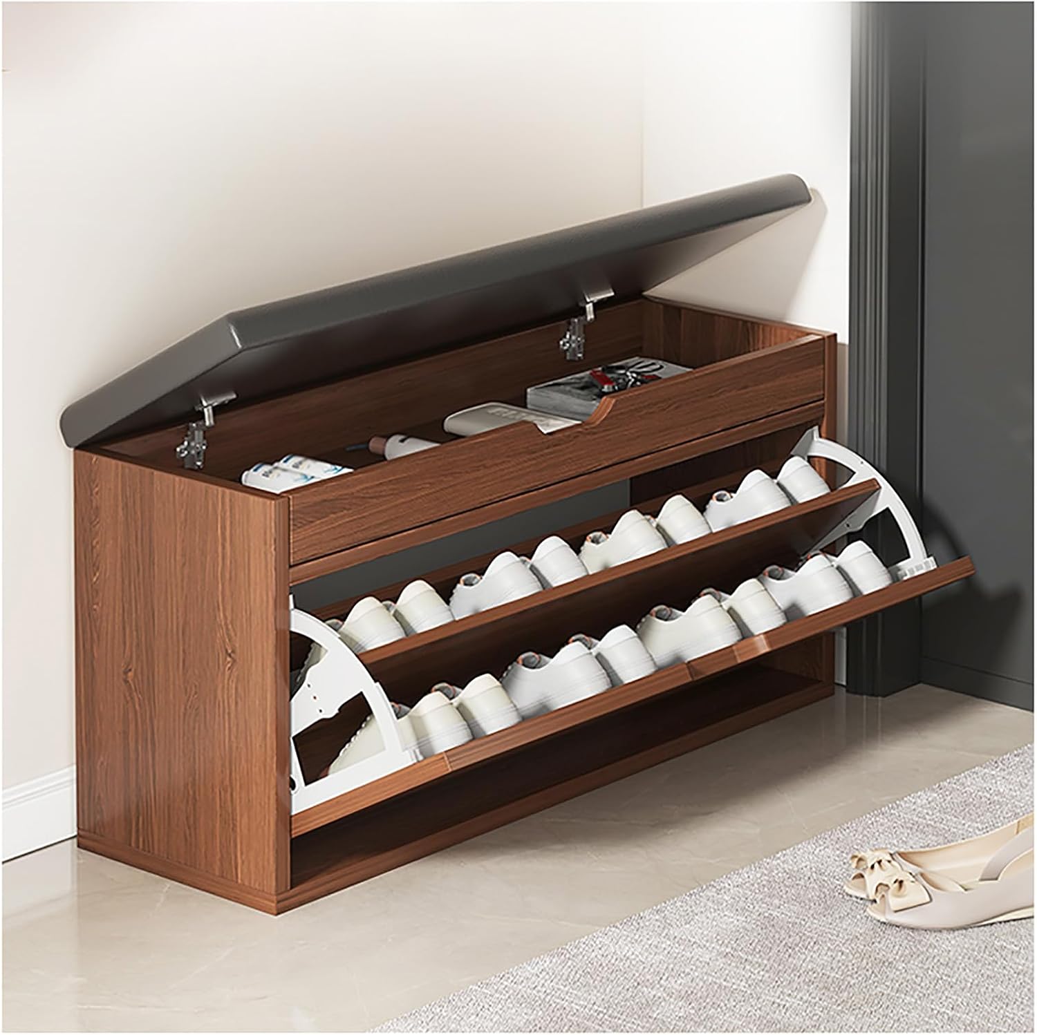 Benches Garden Bench Outdoor Patio Seating Backless Park Chair Lawn Path Slatted Seats,Shoe Storage Bench with Flip Drawer & Cushion, Space-Saving Shoe Rack Organizer for Entryway, Hallway &