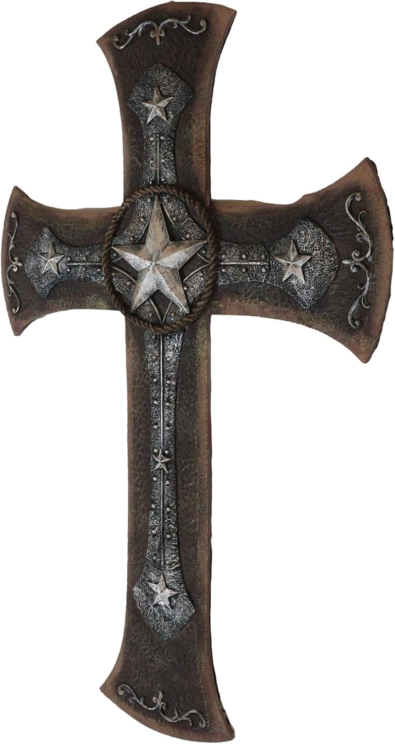 Ebros Gift Large 21" High Rustic Western Star with Braided Ropes Borders and Scroll Lace Layered Wall Cross Decor Plaque Sculpture Lone Stars Nail Spikes Catholic Christian Accent Decorative Crosses