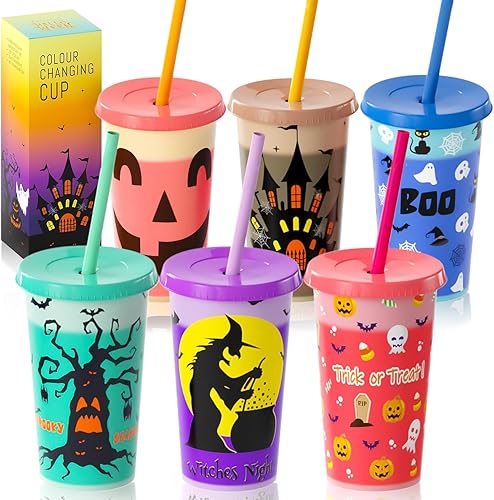 Vasos que cambian de color de Halloween para niños, 6 vasos de plástico de 12 onzas con tapa y popote en 6 colores para café, té, bebidas frías,