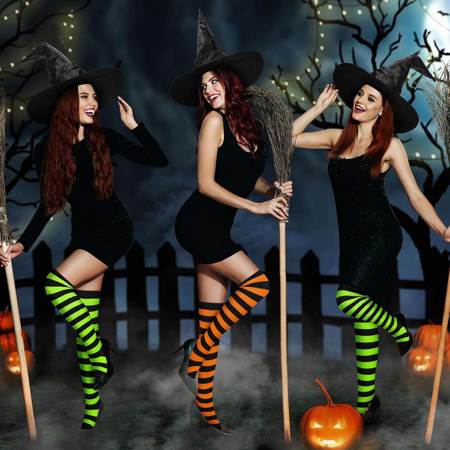 Handepo 4 Pcs Halloween Witch Costume Include 2 Pair Thigh High Socks Witch Knee Striped Socks 2 Pcs Halloween Hats Large Ruched Costume Accessory for Women Party Cosplay Supplies