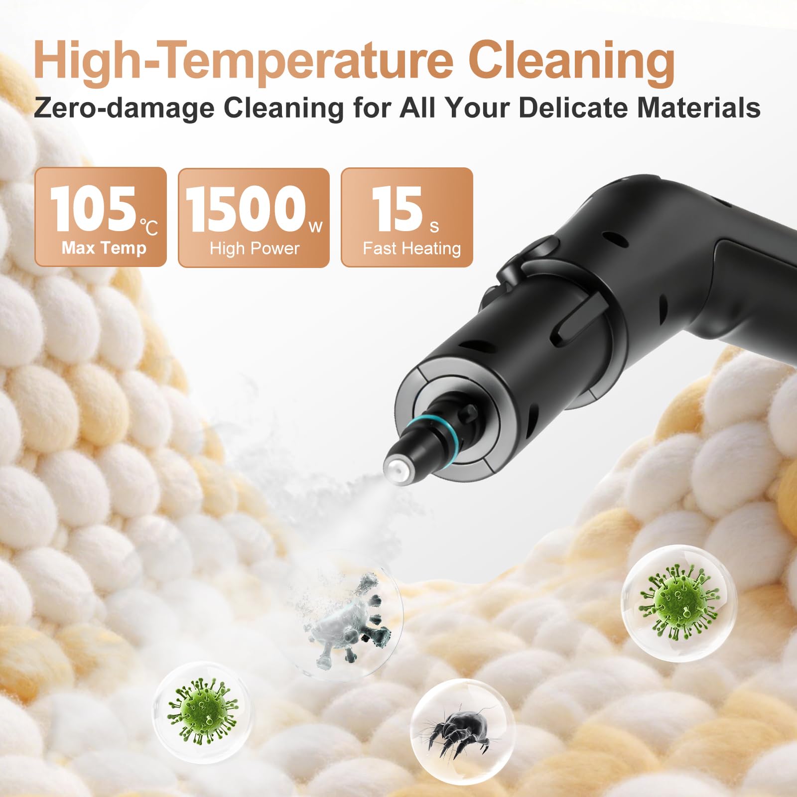 Pulitore a vapore casa portatile, 1500 W, a bassa pressione, riscaldamento rapido in 15s, serbatoio dell'acqua da 1,8 l, con 12 accessori per la pulizia di auto, bianco (Premere 3s per avviare)