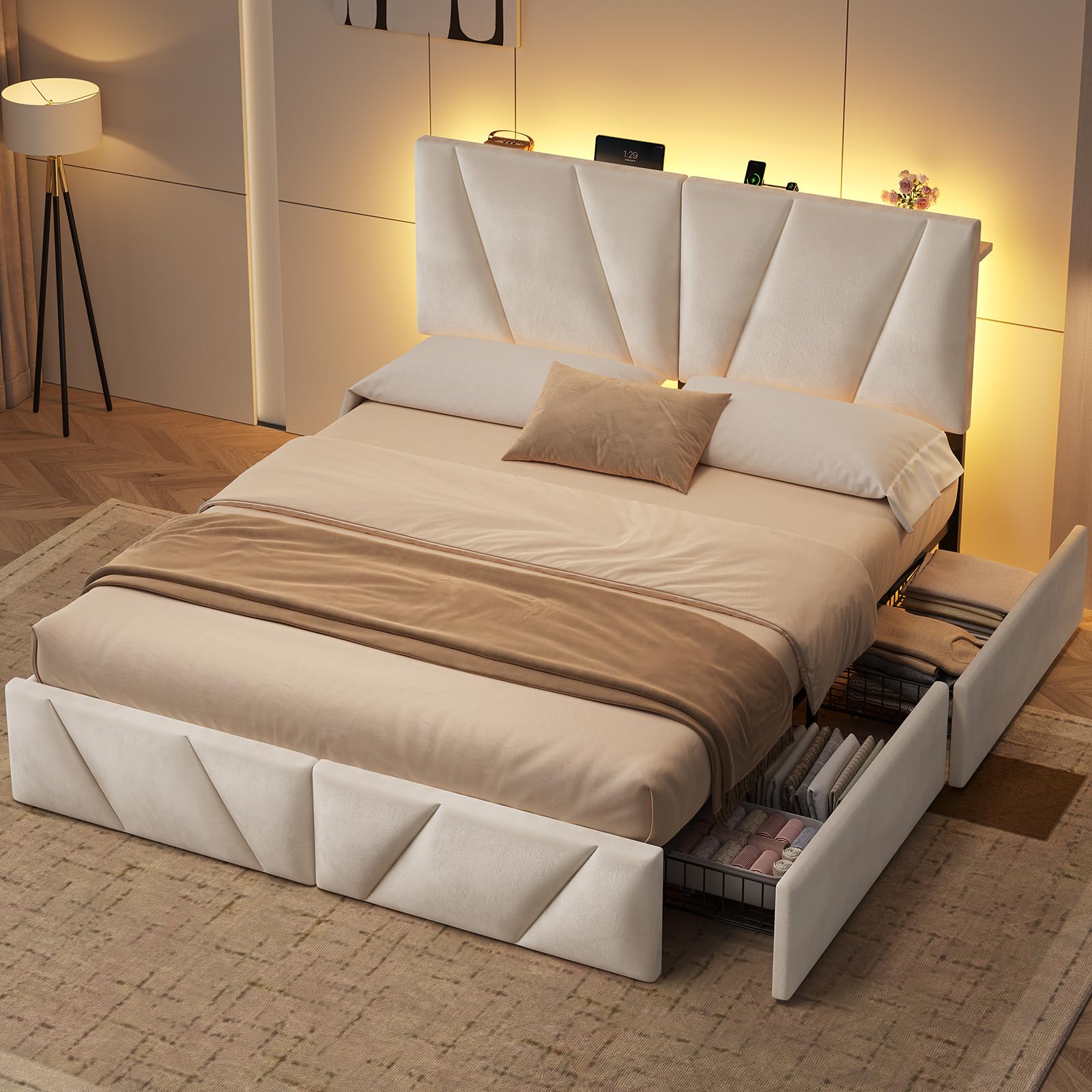 KIMENICH Bett 140x200, Samt Bett mit 4 Schubladen, Doppelbettgestell mit Steckdose & LED-Lichtband, 3-stufig höhenverstellbares Kopfteil, Schlafzimmer Stauraumbett, Beige Samt