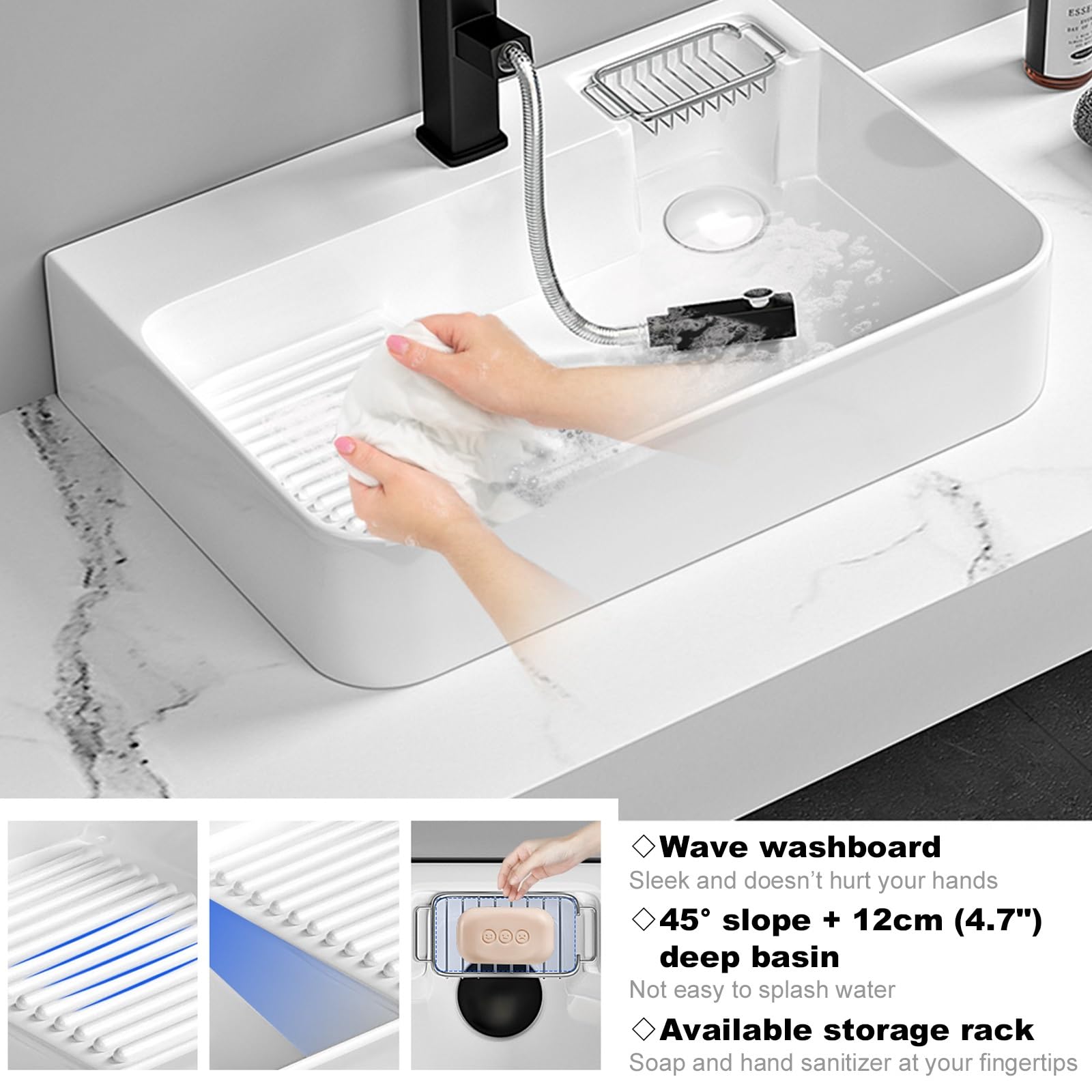 Fregadero de Cocina de Acero Inoxidable sobre encimera, Lavabo de Porcelana, Lavabo de baño Rectangular de cerámica Blanca, lavadero de cerámica con Tabla de Lavar, con g