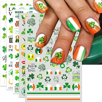 IDDFEVE St. Patricks Day Nail Art Stickers, Irish Shamrock Leprechaun Hat 3D Self-Adhesive Nail Decals Lucky Clover Design 5 Sheets