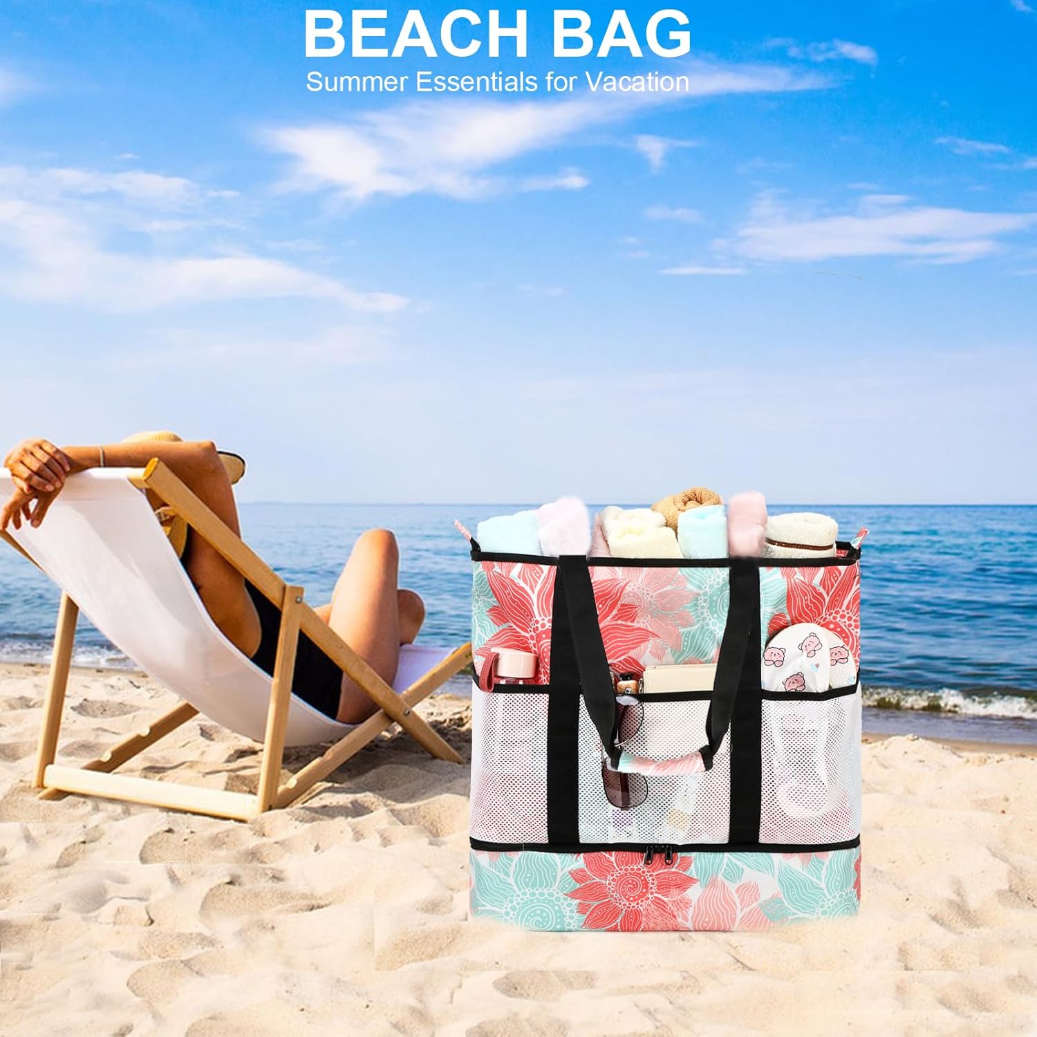 Octsky Beach Bag Tote Pool Bag with Cooler 9 Pockets Zipper Waterproof Sandproof Leakproof Xl Beach Bags for Women