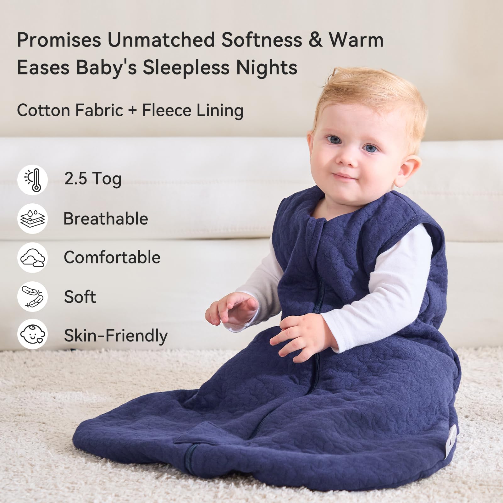Unnivoll Sacco Nanna Invernale 6-12 Mesi - Sacco Nanna Neonato 2,5 Tog per Bambini, Tessuto 100% Cotone, Primavera Estate Inverno Autunno Blu Navy