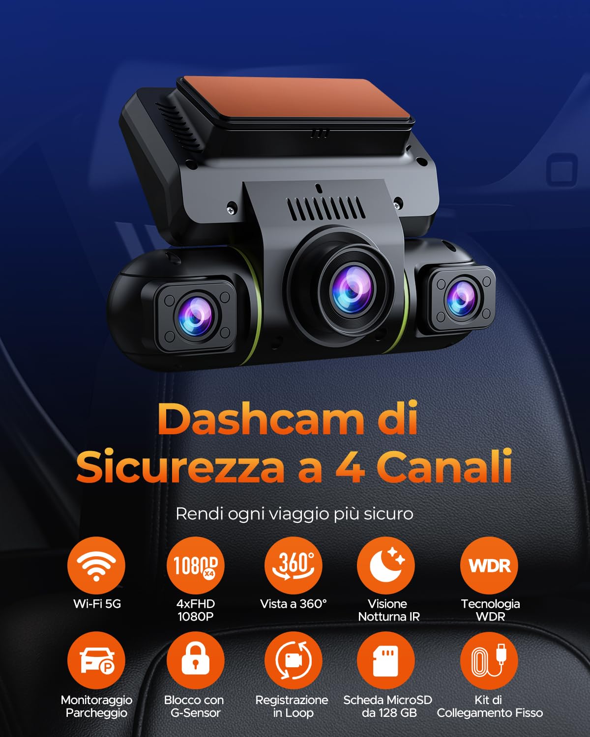 LAMTTO 360° 4 Canali Dash Cam Auto, Schermo da 3,16" 5G WiFi & Controllo APP Dashcam, 1080P*4 Telecamera per Auto con Scheda SD 128G,IR Visione Notturna, 24H Monitor di Parcheggio con Kit di Cablaggio