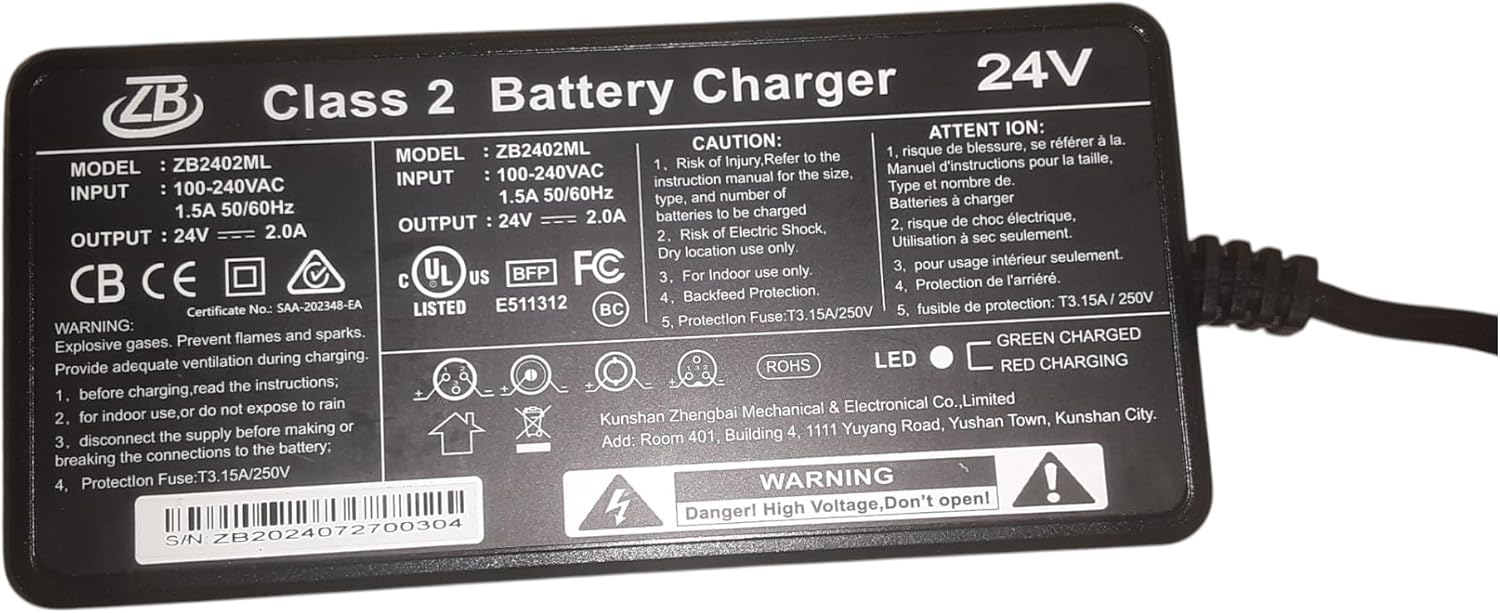 24V 2A Class 2 Lithium Battery Charger for Folding Wheelchair with Brushless Motors, with Three Plugs. 2 Adapter Cables, Universal with Most 24 V Lithium Battery Powerchairs