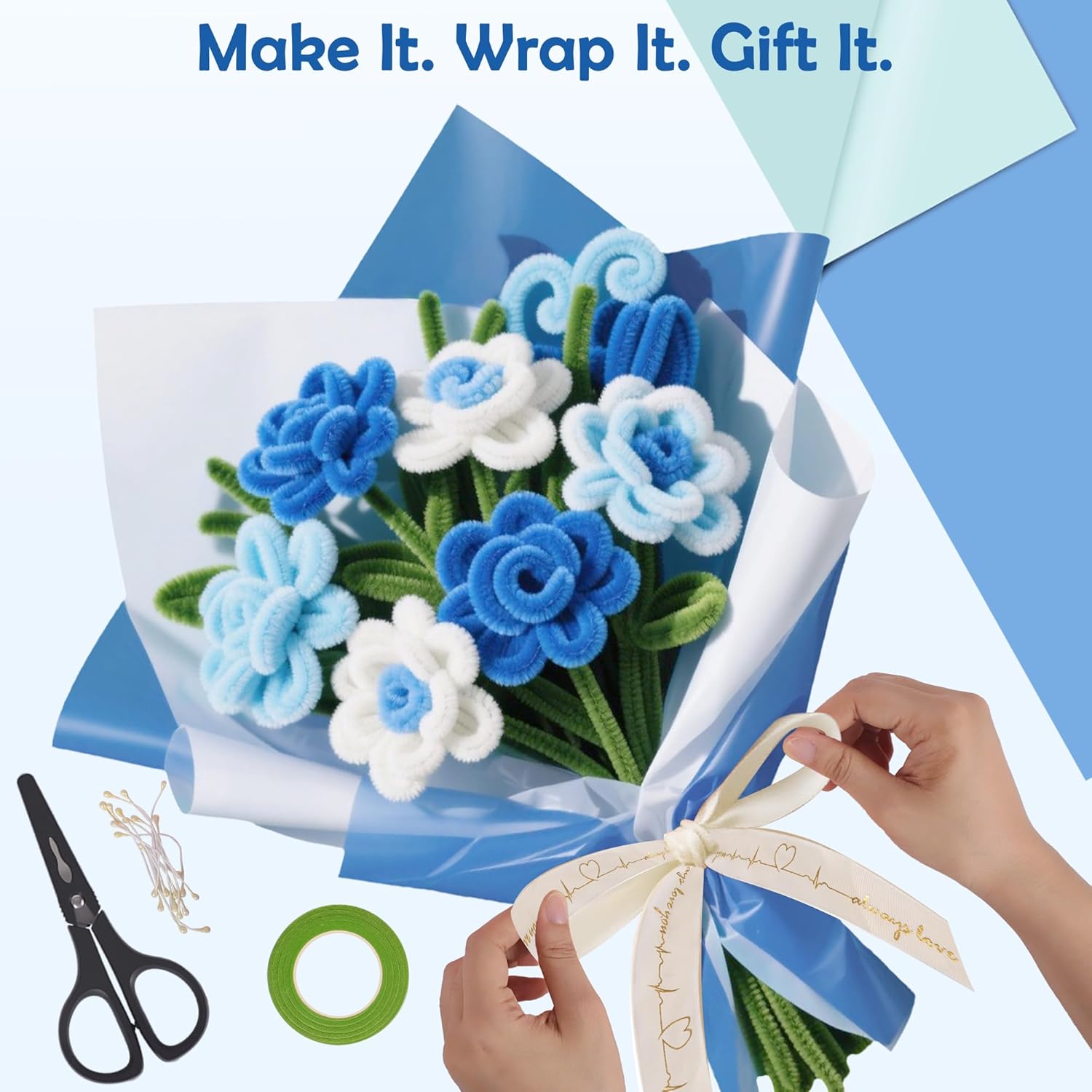 500 Pcs Pipe Cleaners Craft Kit for Flower Making, DIY Bouquet Set with 8mm Chenille Stems, Step-by-Step Tutorial, Floral Wire, Ribbon & Tools for Handmade Gifts and Decor, Blue