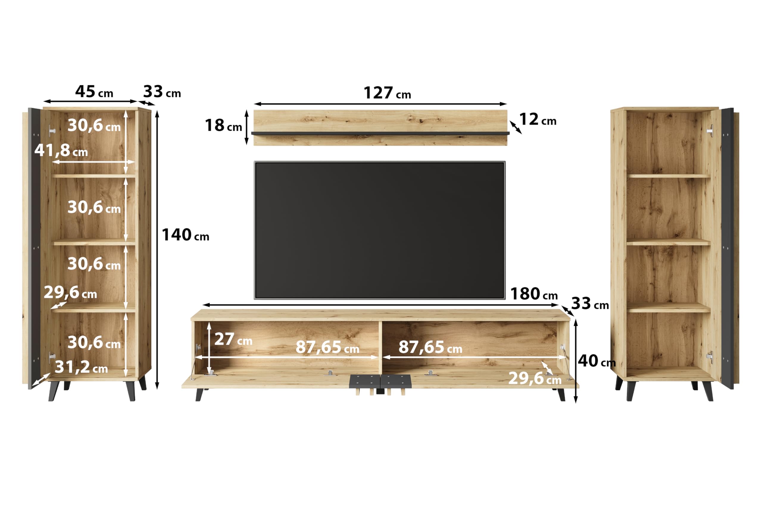 Wohnzimmermöbel-Set Helsinki I, Möbel-Set, Wohnzimmer, TV-Möbel, Eiche Artisan