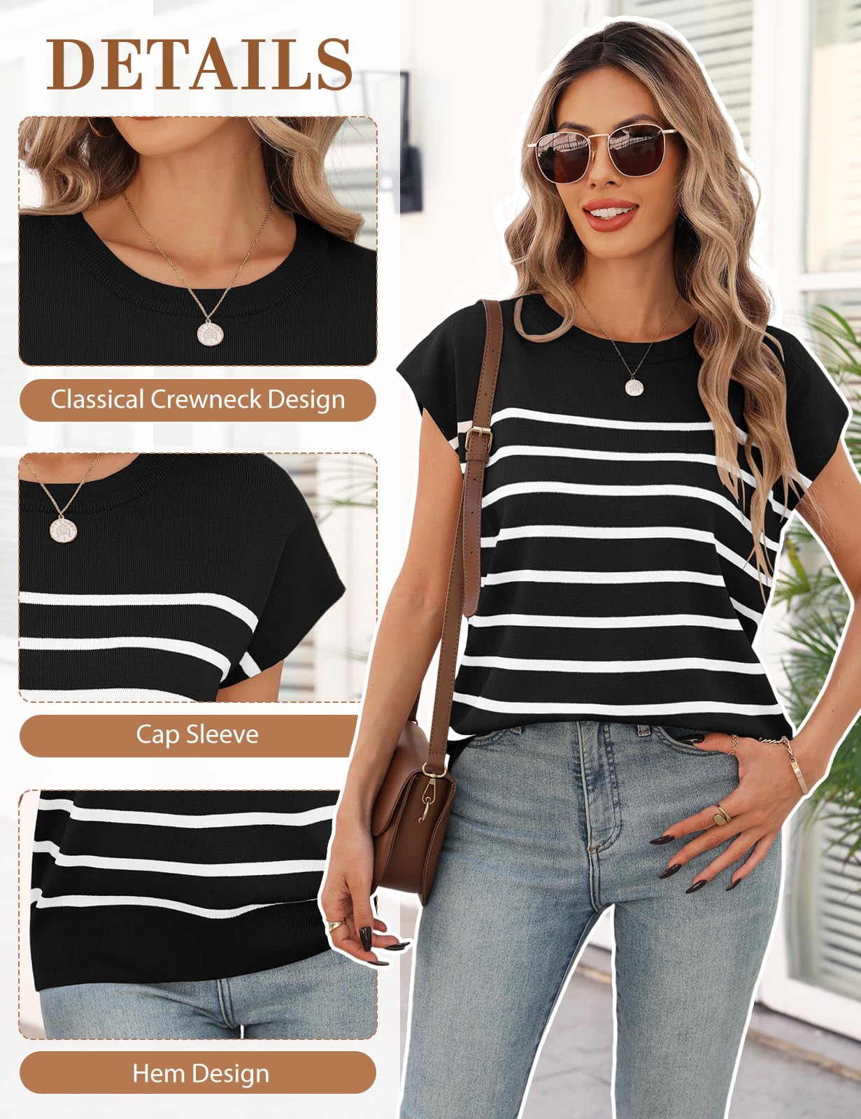 Niwicee Camisetas Manga Corta Mujer Camiseta Mujer Verano Top Mujer Tshirt de Rayas Tops con Cuello Redondo Básica Slim Fit para Mujer Top Elegantes Blusas Informales