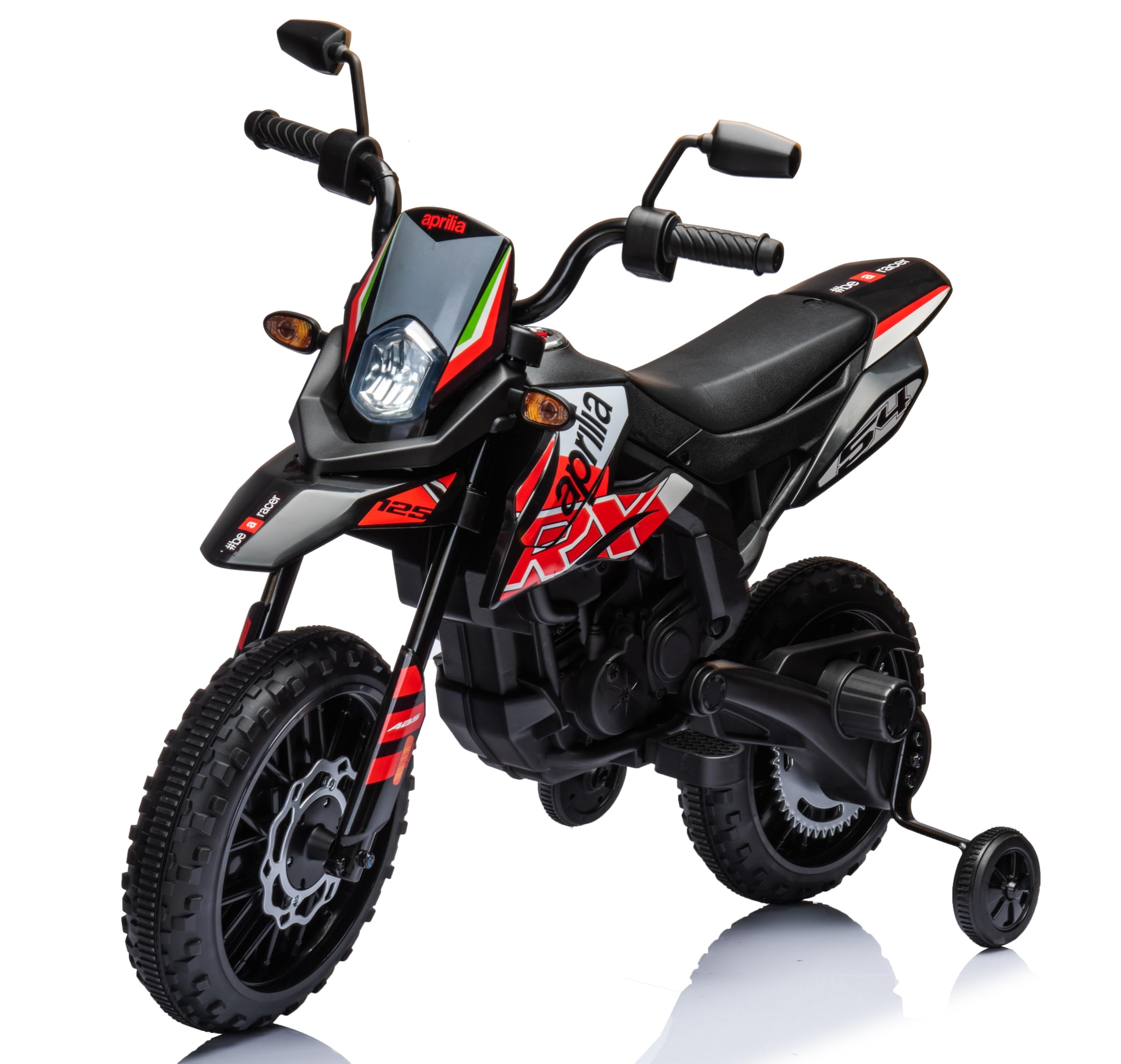 Moto Elettrica per bambini 12V Super Cross Aprilia RX125 con licenza ufficiale Moto da Cross con Ruote in Gomma Sedile in pelle Doppio Motore con Rotelle Luci e Suoni integrati (Rosso)