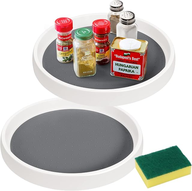2 Pack Lazy Susan for Cupboard Pantry Cabinet Turntable Rotatable Spice Rack Plastic for Jars Cans, Rotating Condiment Holder for Cabinet Pantry Refrigerator, Style Kitchen Worktop and Shelf Organizer