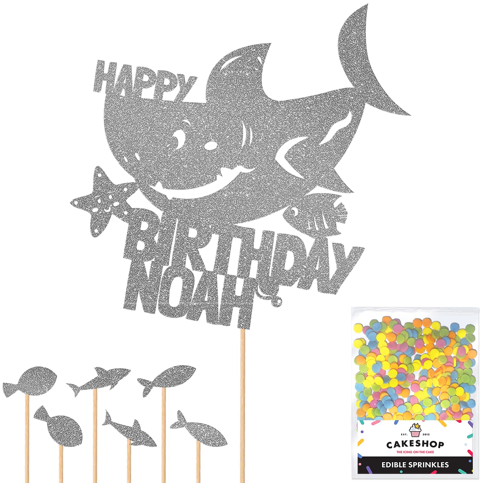 Personalised Birthday Shark Glitter Cake Topper- Dark Silver Any Custom Name Glitter Cake Decoration and Sprinkles - Happy Birthday Decorations - Personalised Toppers for Cakes by Cakeshop — image 1