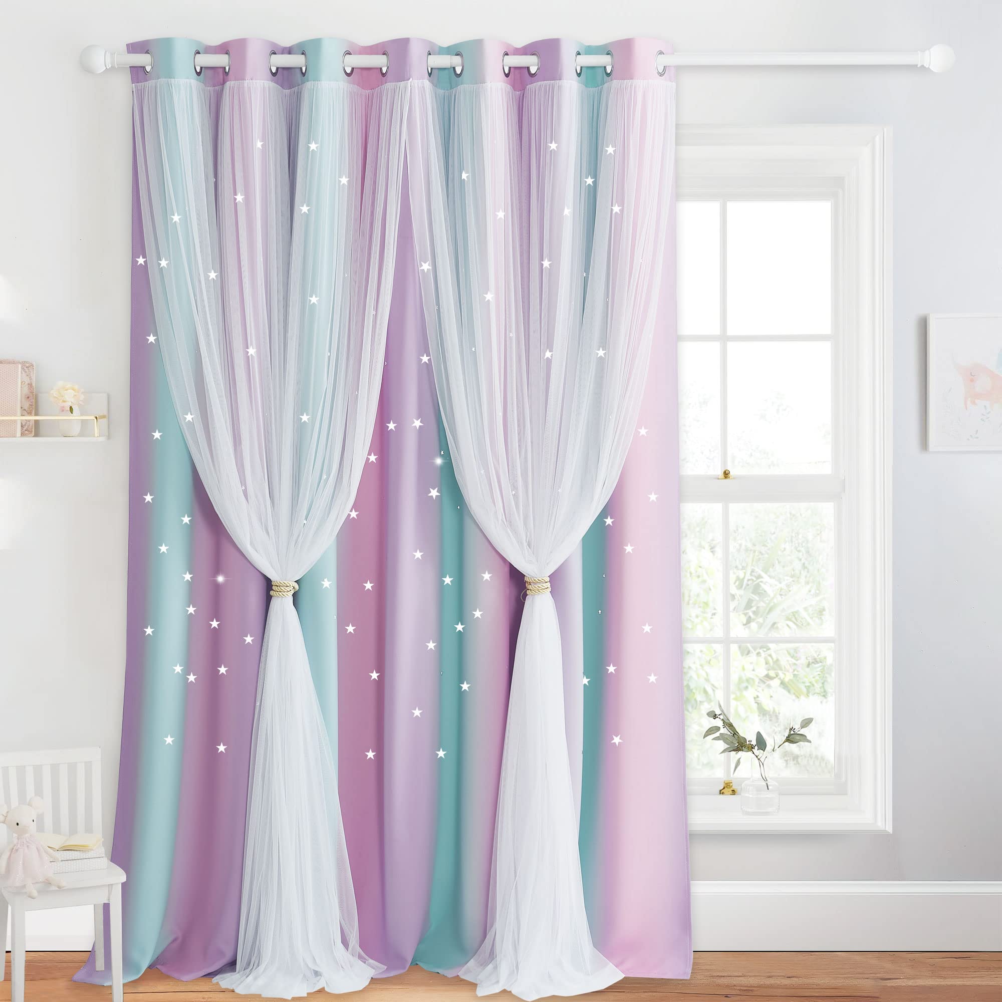 NICETOWN Stars Blackout Curtains for Bedroom Girls Kids Baby Window Decoration Double Layer Star Cut Out Aesthetic Living Room Decor Wall Home Curtain, W100 x L95, Blue & Purple & Pink, 1 Panel