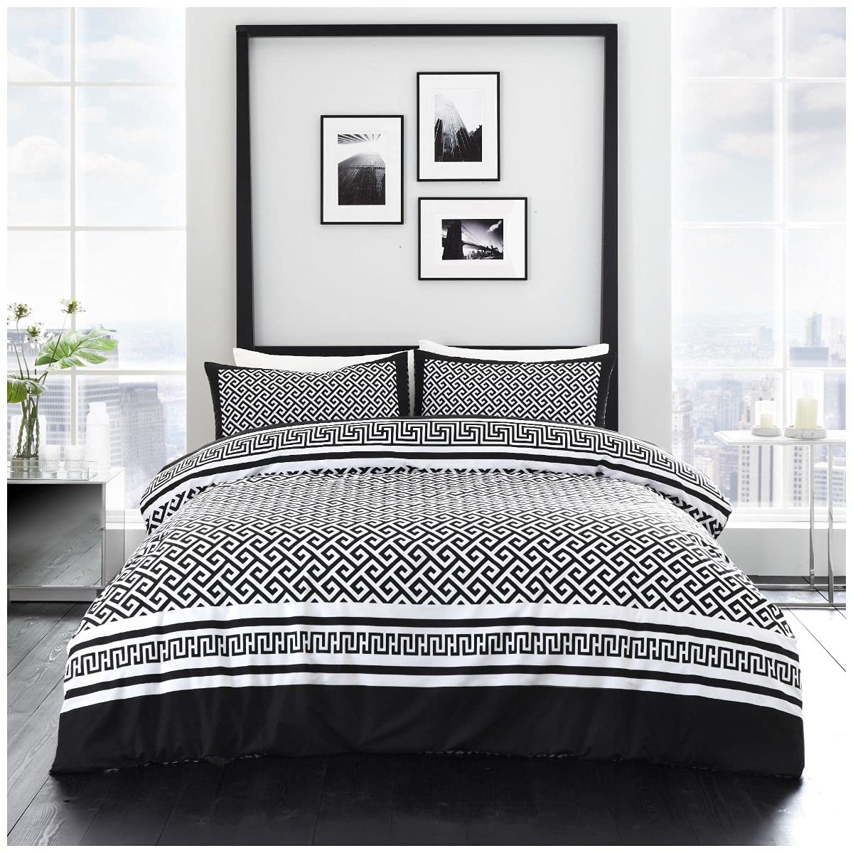 GC GAVENO CAVAILIA Premium Geometric Bedding Quilt Coverlet | Polycotton Reversible Greek Duvet Set With Pillowcases | Black/White