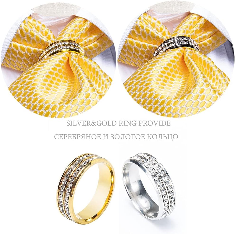 Men Yellow White Plaid Silk Cravat Wedding Formal Self British Style Neck Tie Accessorie (Color : Gold Ring, Size : One Size) (Silver Ring One Size)