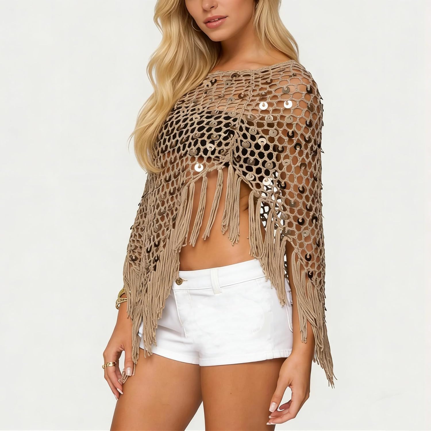 Women Sheer Poncho Tops Crochet Knit Tassels Sequin Shrug Bolero Hollow Out Cover Ups Pullover Shawl - Image 2