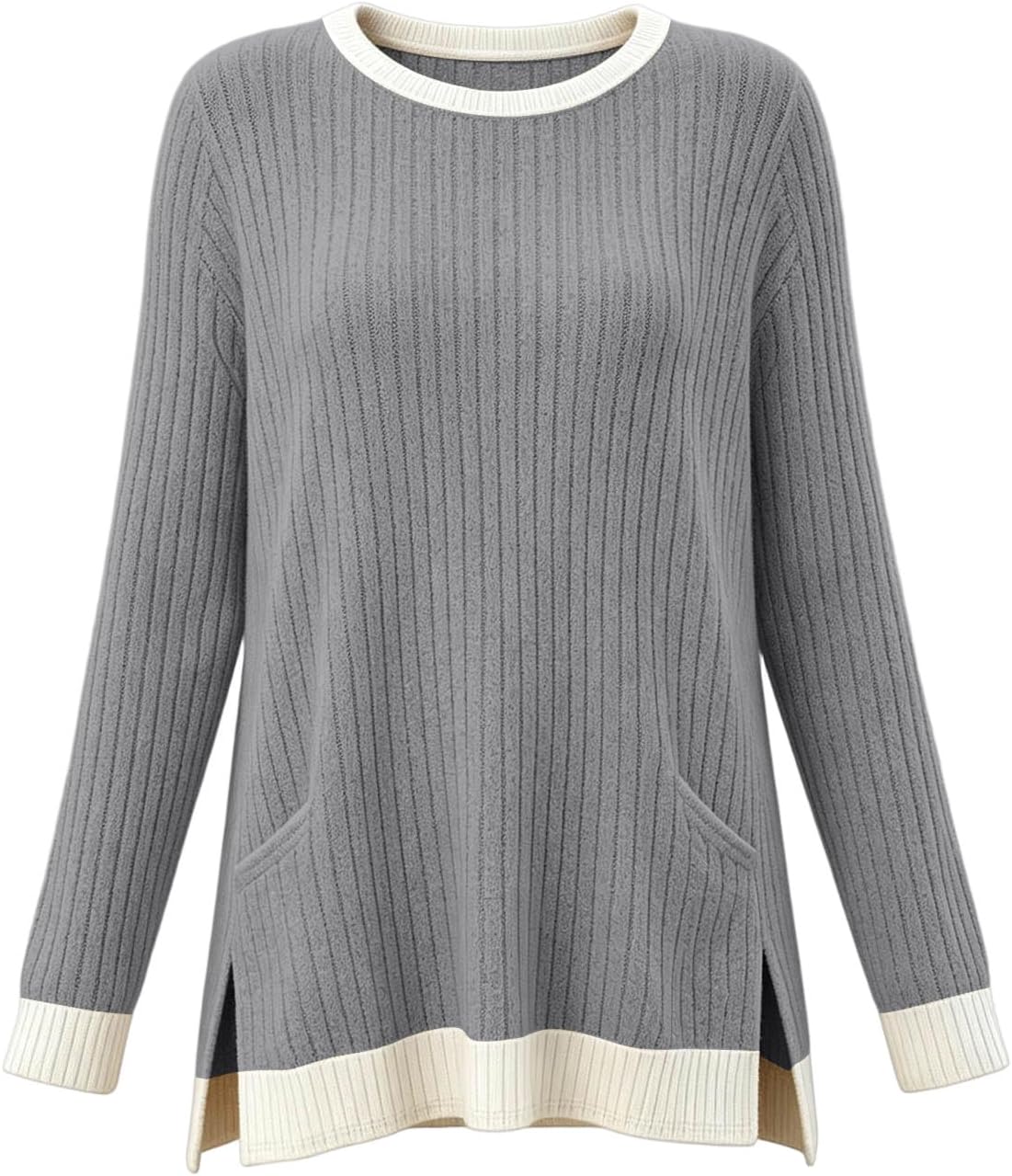 Crew Neck Long Sleeve Shirts for Women Ribbed Knit Top with Pocket