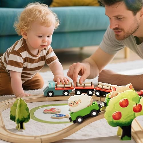 Miniatura 2 de Lehoo Castle Juego de tren de madera para niños pequeños de 2 a 4 años, pista de tren de madera, juguetes de animales de granja para edades de 3 a 5