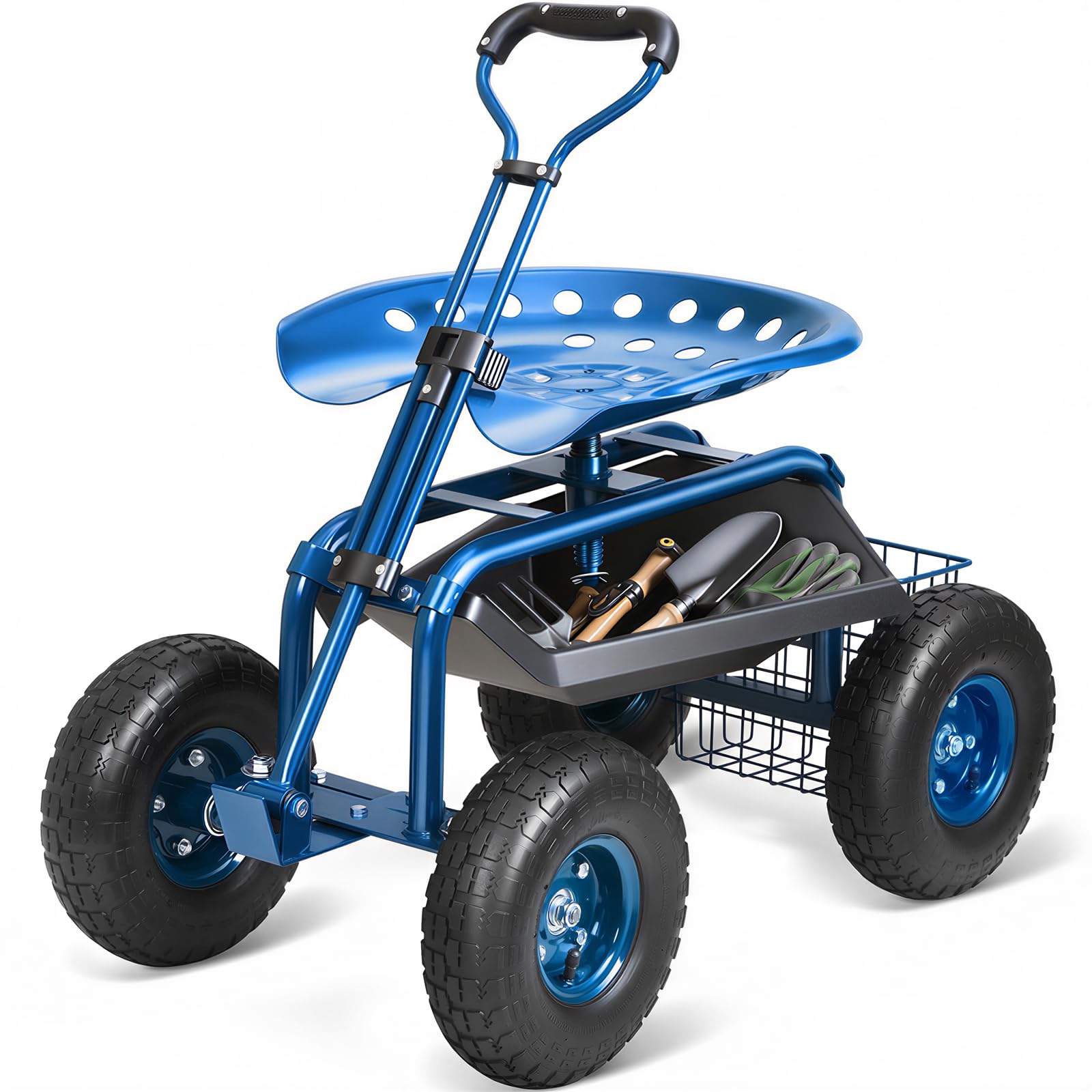 VEVOR Garden Cart Rolling Workseat with Wheels, Gardening Stool for Planting, 360 Degree Swivel Seat, Wagon Scooter with Steering Handle & Utility Tool Tray, Use for Patio, Yard, and Outdoors, Blue