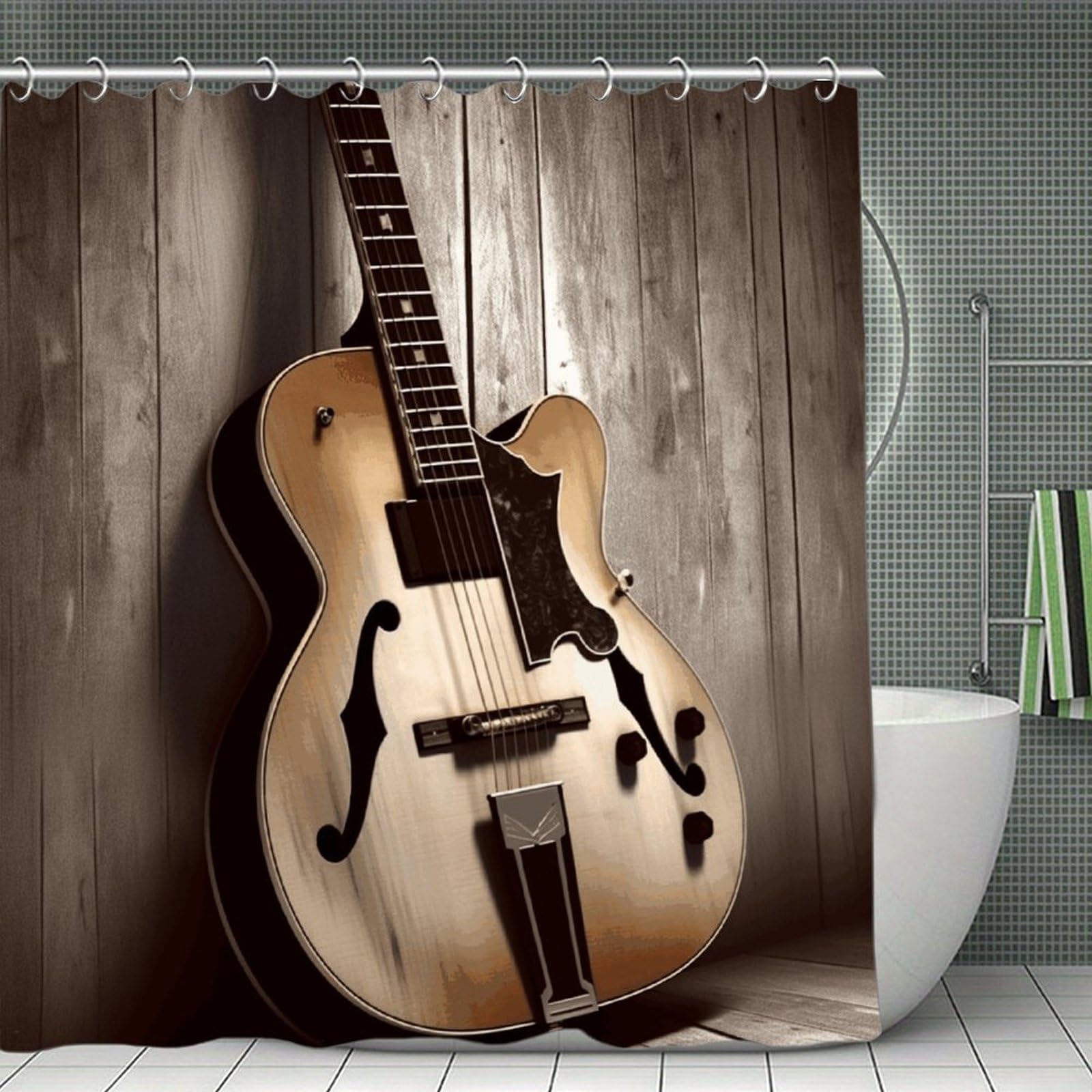 FekiLoot Guitar Pictures Shower Curtain with Hooks Modern Farmhouse Bathroom Curtain Waterproof Cloth Bath Curtains Cute Washable Blackout Privacy Curtains for Bathroom Bathtub 70.8"x70.8"