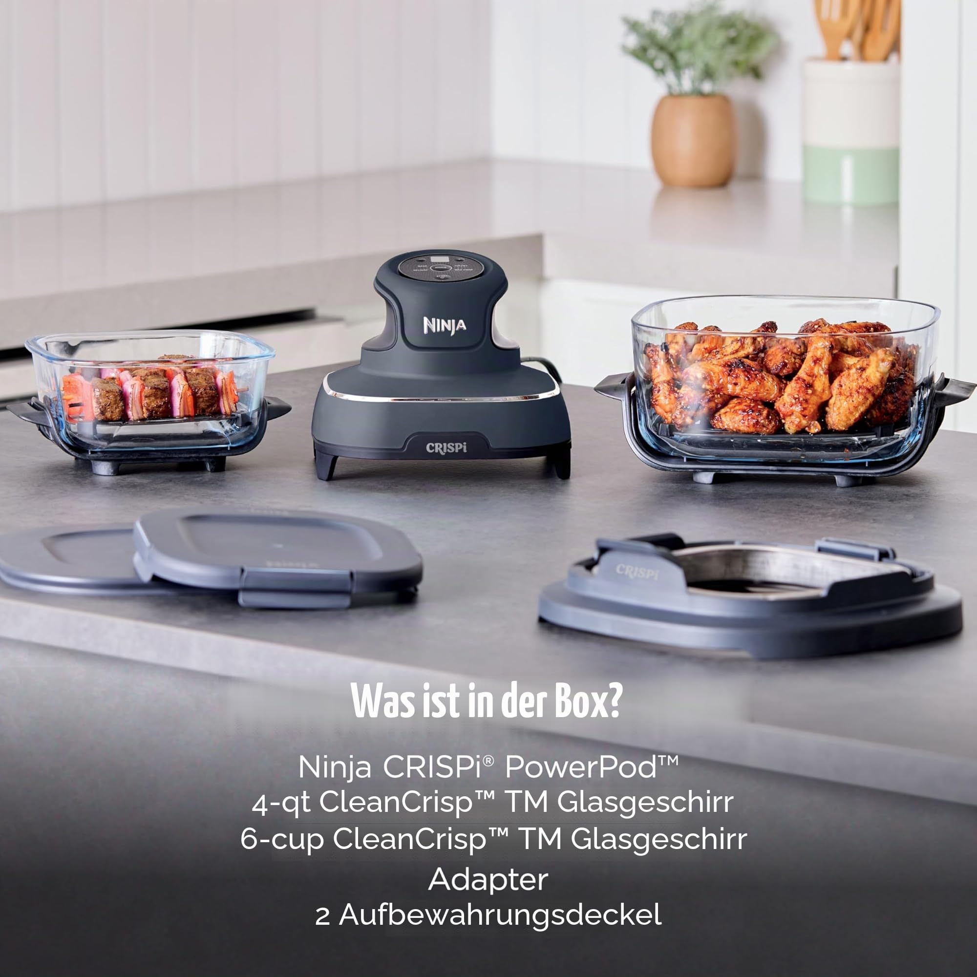 Ninja Crispi – Tragbares Kochsystem mit Crispi PowerPod, 6 Tassen und 4 Tempware-Glas-Tassen, hitzebeständig, Aufbewahrungsdeckel, mikrowellengeeignet