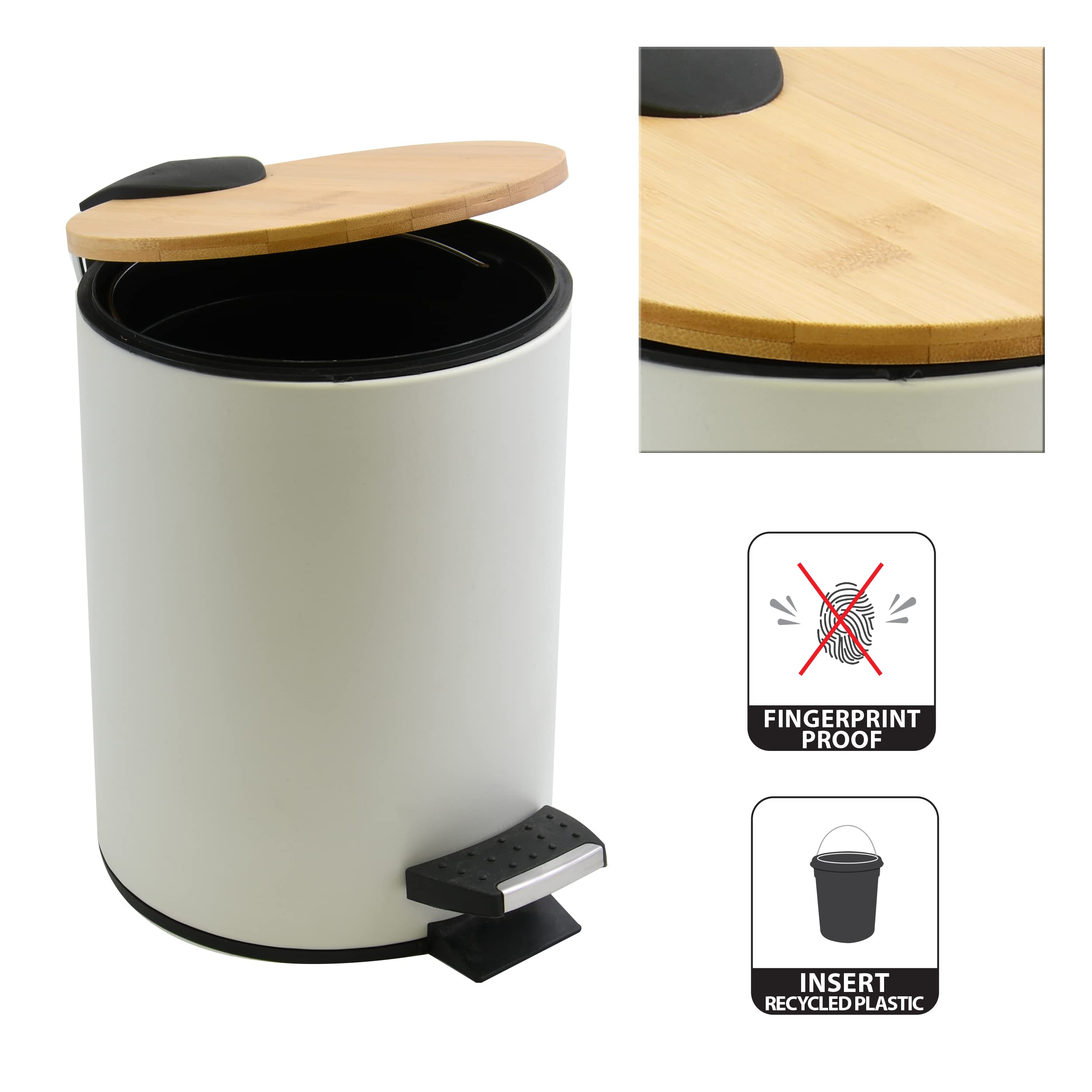 Spirella - Cestino a Pedale Modello Adonis - Acciaio e Bambù - Coperchio a Chiusura Silenziosa Slow Close - Rivestimento Anti-Tracce - Bianco Opaco - 3L