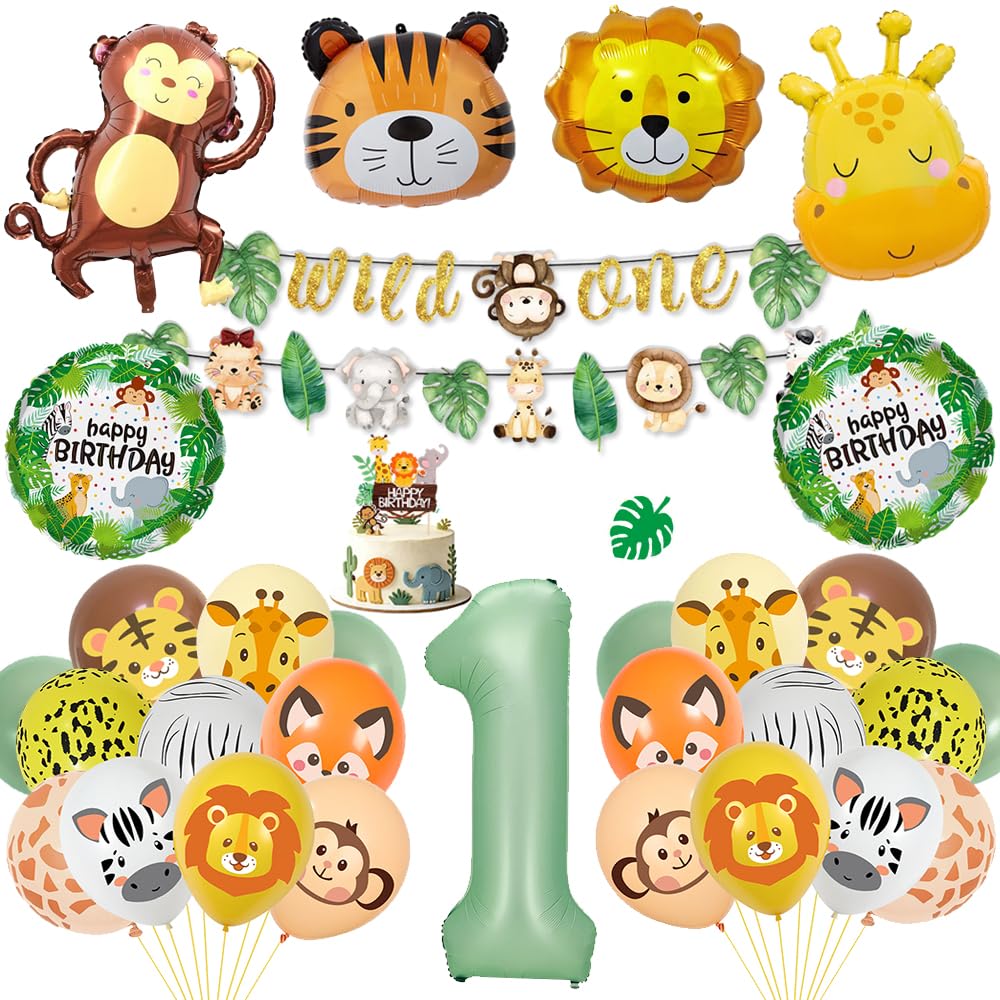 Jungle 1st Birthday Decoration Boys,Safari Party Decorations Set with Animal Balloons,Large Foil Number 1 Balloon,Wild One Banner,Happy Birthday Cake Topper for Baby Boys Girls