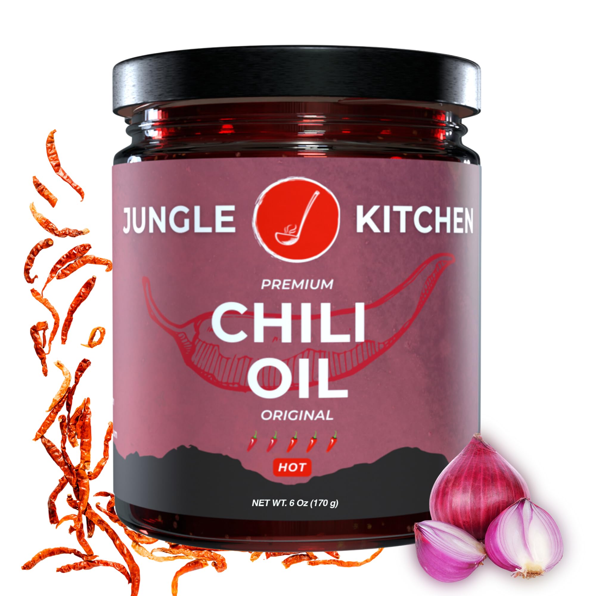 Jungle Kitchen Spicy Crunchy Garlic Chili Oil Vegan & Gluten-Free - Spicy Chili Crisp- Crunchy Garlic Chilli Oil Spicy Great Sauce & Toppings for Meats, Stir Fry, Vegetables, 6oz