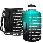 QuiFit Motivational Gallon Water Bottle - with Straw & Time Marker BPA Free Large Reusable Sport Water Jug with Handle for Fitness Outdoor Enthusiasts Leak-Proof (Green/Black with Sleeve,1 gallon)