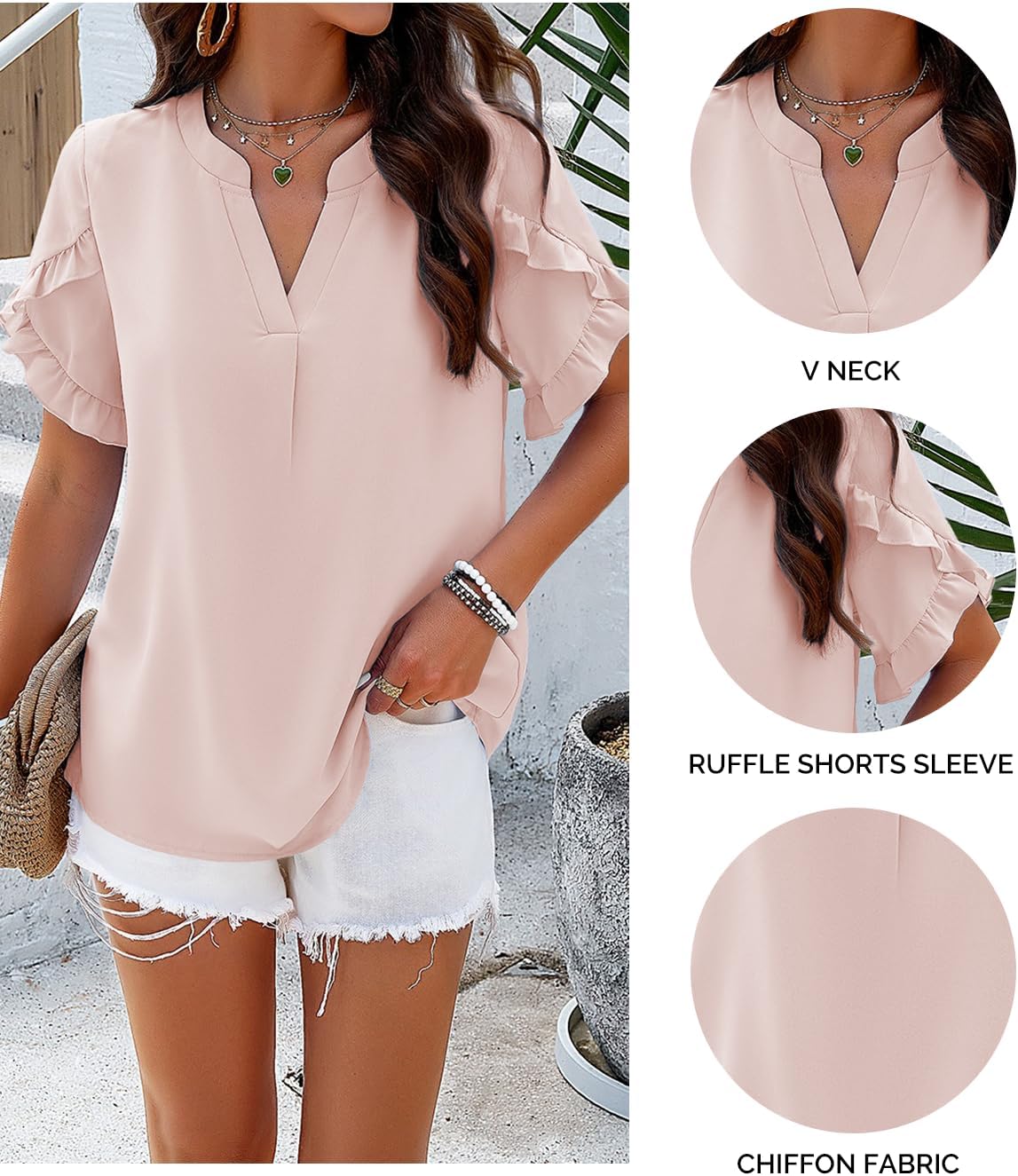 Samefar Womens Tops Dressy Casual V Neck Ruffle Shot Sleeve Shirts Loose Flowy Chiffon Work Business Blouses - Image 6