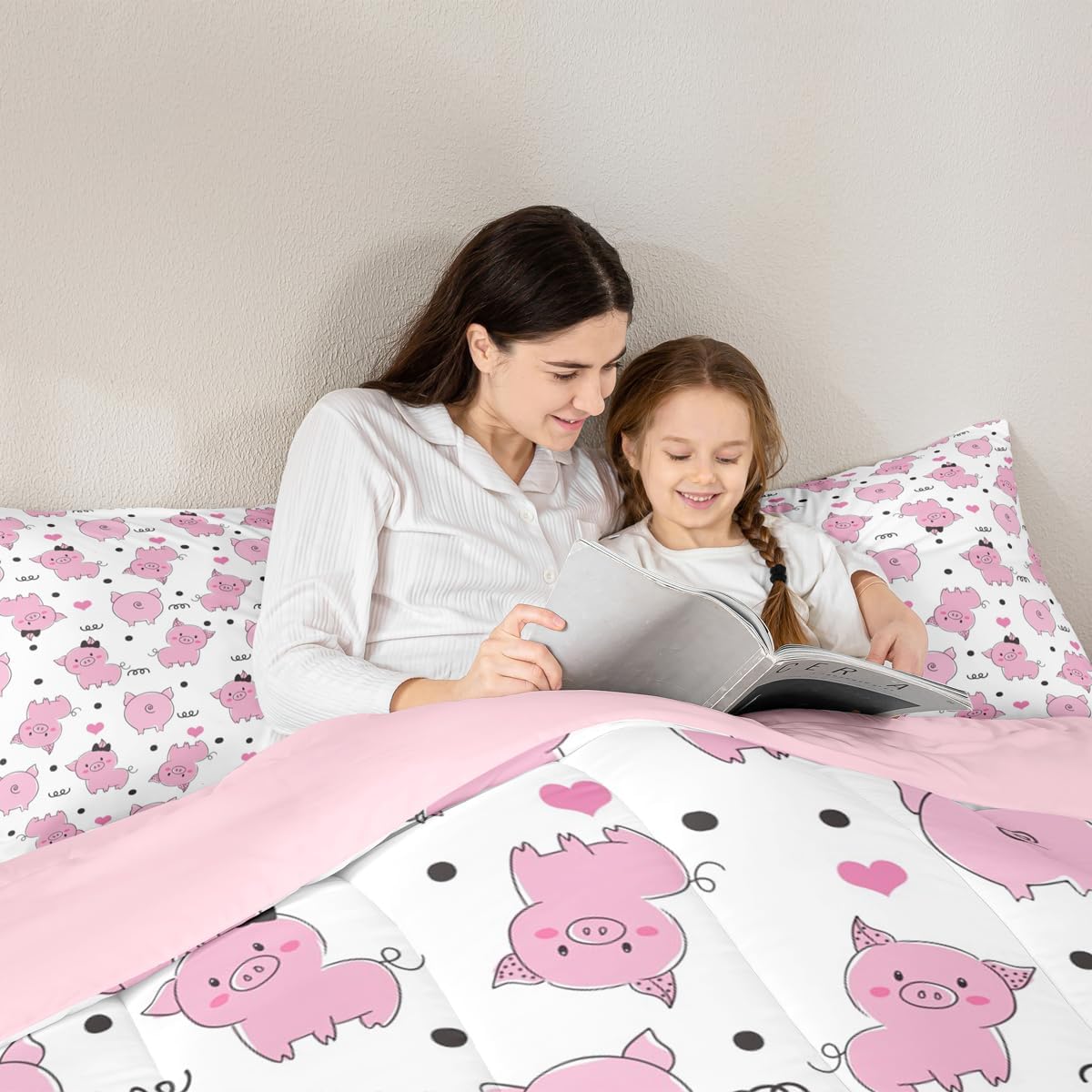 Erosebridal Pink Pig Comforter Set for Girls Kawaii Room Decor Full,Cute Pigs Bedding Set for Kids Boys Children Farm Animal Quilted Duvet Sets Cartoom Style Soft Lightweight Down Comforter 3 Pcs image 5