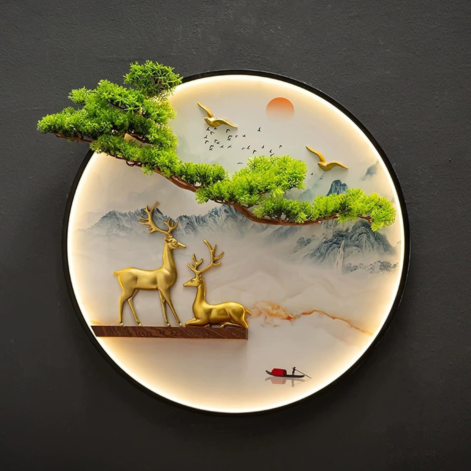 LEDライト付きの壁アートの装飾、オリエンタル装飾ラウンド3D 3次元の歓迎の松の風景絵画家装飾的な壁マウントランプ、リビングルーム