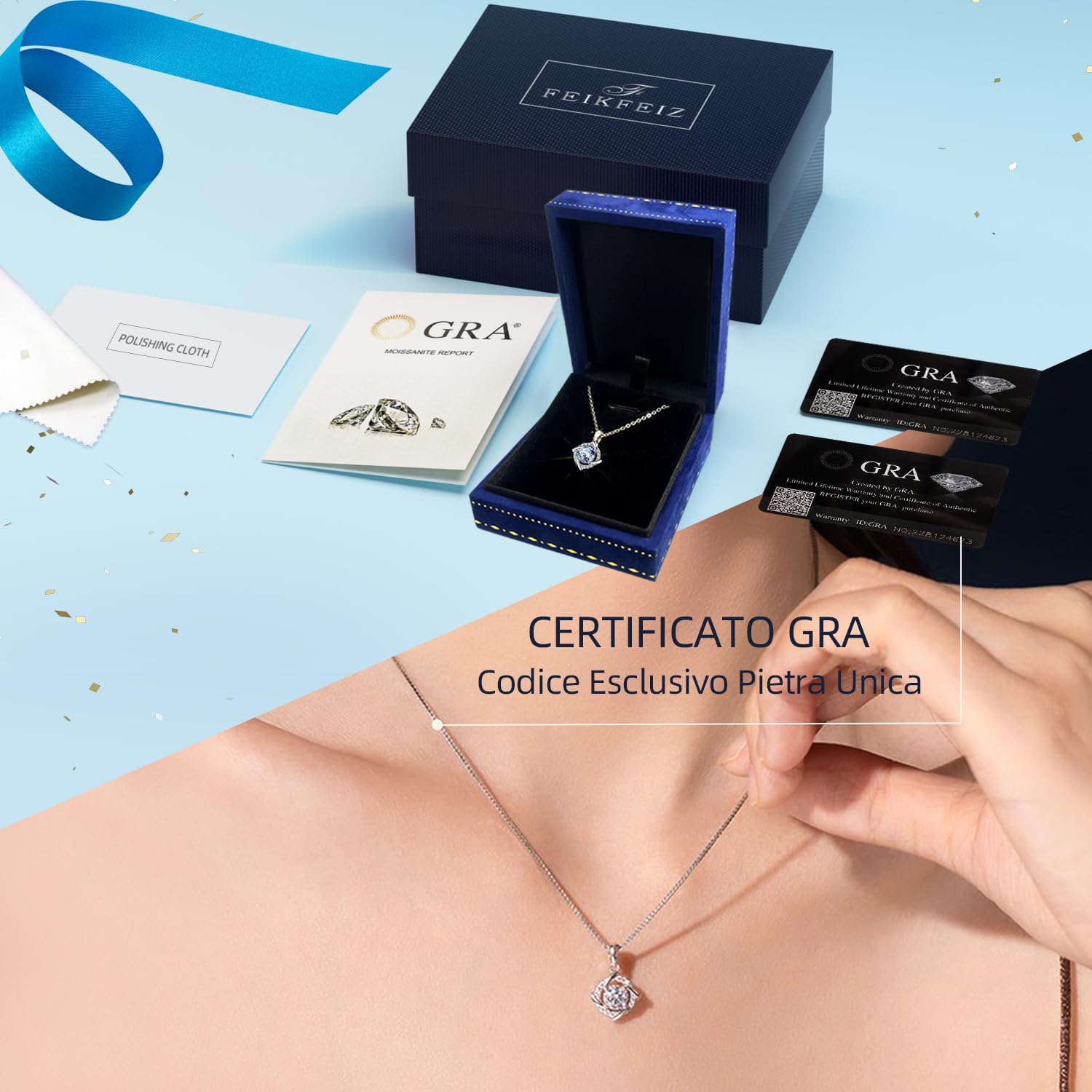 FEIKFEIZ Collana in Moissanite per Donna, Pendente, Moissanite da 1CT, Coltivata in Laboratorio, Placcata in Rodio, Gioielli con Pendente, Confezione Regalo Inclusa.