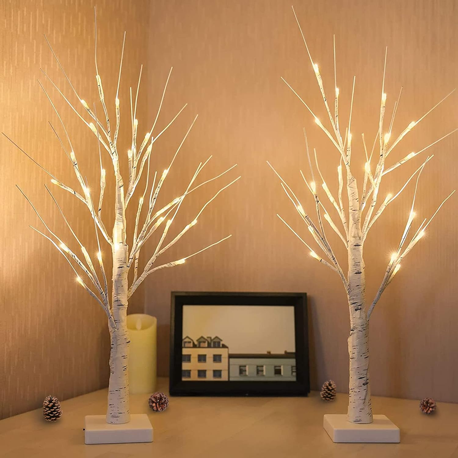 2-Pack Lighted Birch Tree for Tabletop, 2FT Birch Christmas Tree with Lights, 24 LEDs Warm White Birch Tree Light for Christmas Decorations Indoor Bedroom Home Wedding Holiday Thanksgiving Gifts