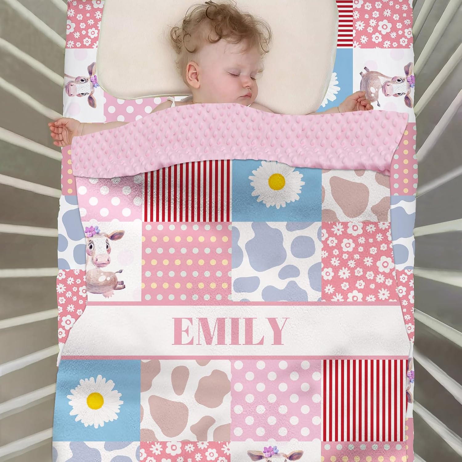 Personalized Baby Bedding Set for Girls, Custom Name Bedding, Pink Cute Cow Nursery, 2 Piece Set, Crib Comforter, Fitted Sheets