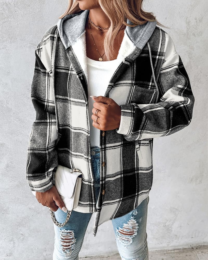 CHICME Womens Casual Jacket Plaid Hooded Fleece Lined Shacket image 4
