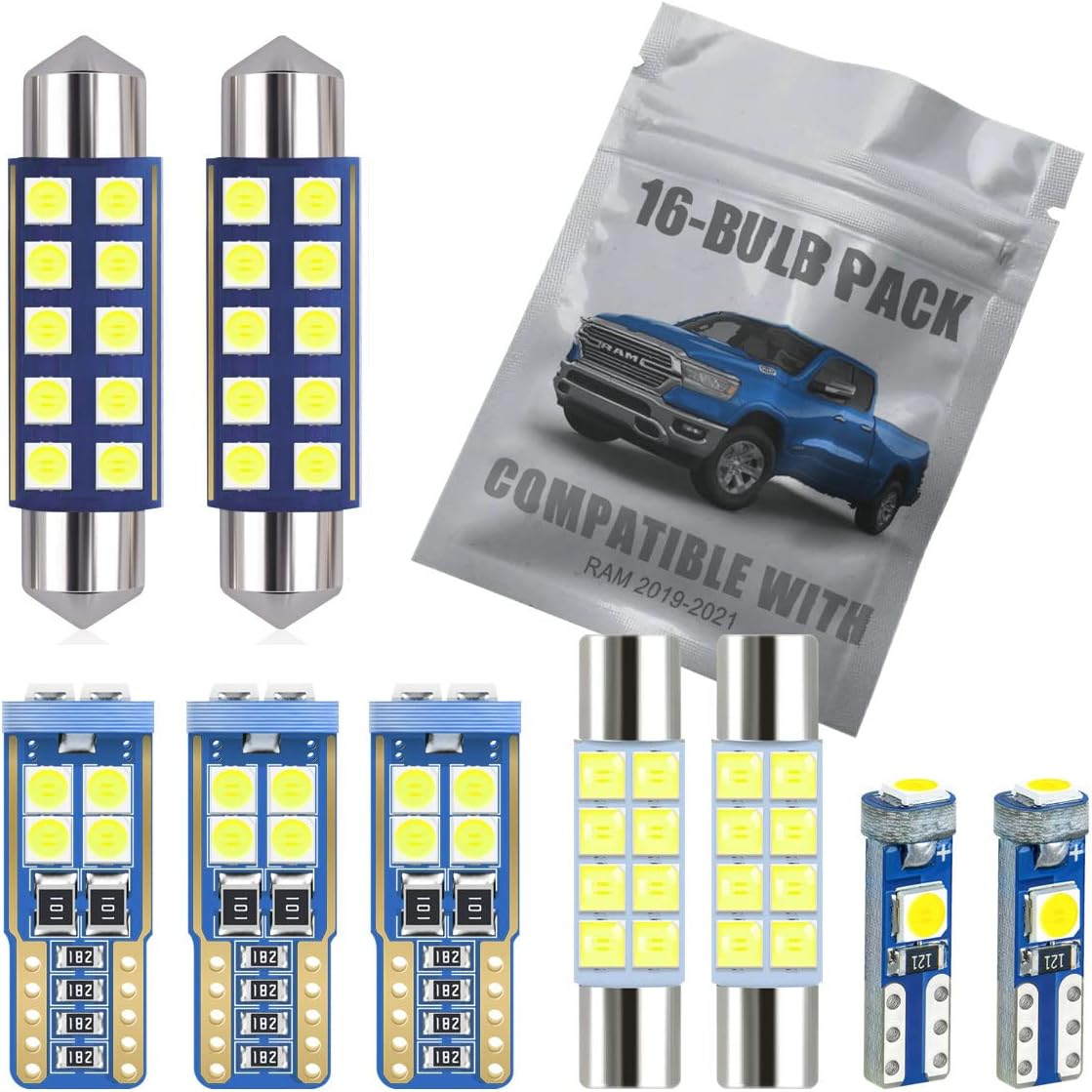 EBAIFUN 16-pc White LED Interior Light Kit Compatible with 2019 2020 2021 Dodge Ram 1500 2500 3500 Map Dome Vanity Mirror Stepwell License Plate Light Bulb Replacement Super Bright 6000K Package
