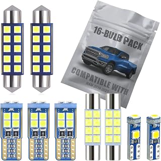 16-pc White LED Interior Light Kit Compatible with 2019 2020 2021 Dodge Ram 1500 2500 3500 Map Dome Vanity Mirror Stepwell License Plate Light Bulb Replacement Super Bright 6000K Package