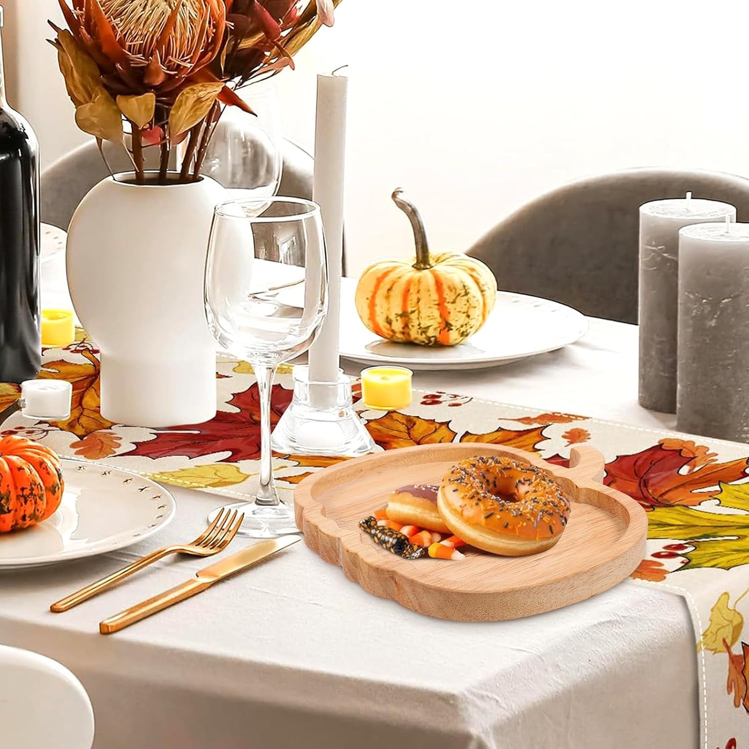 SHOWERORO Halloween Pumpkin Shaped Wooden Serving Plate with Smooth Surface Multi-purpose Snack Storage and Kitchen Decoration Khaki Fall Platter for Seasonal Entertaining