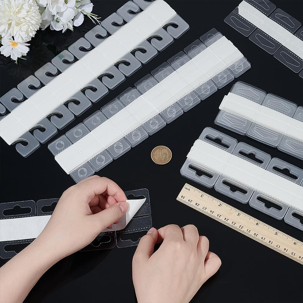 PH PandaHall 600pcs 4 Styles Hang Tabs Hooks Self Adhesive Hang Tags Sticky Tabs Hanging Hooks Clear Plastic J-Hook Hanging Tags for Retail Displays Business Shops Pegboard Hangers