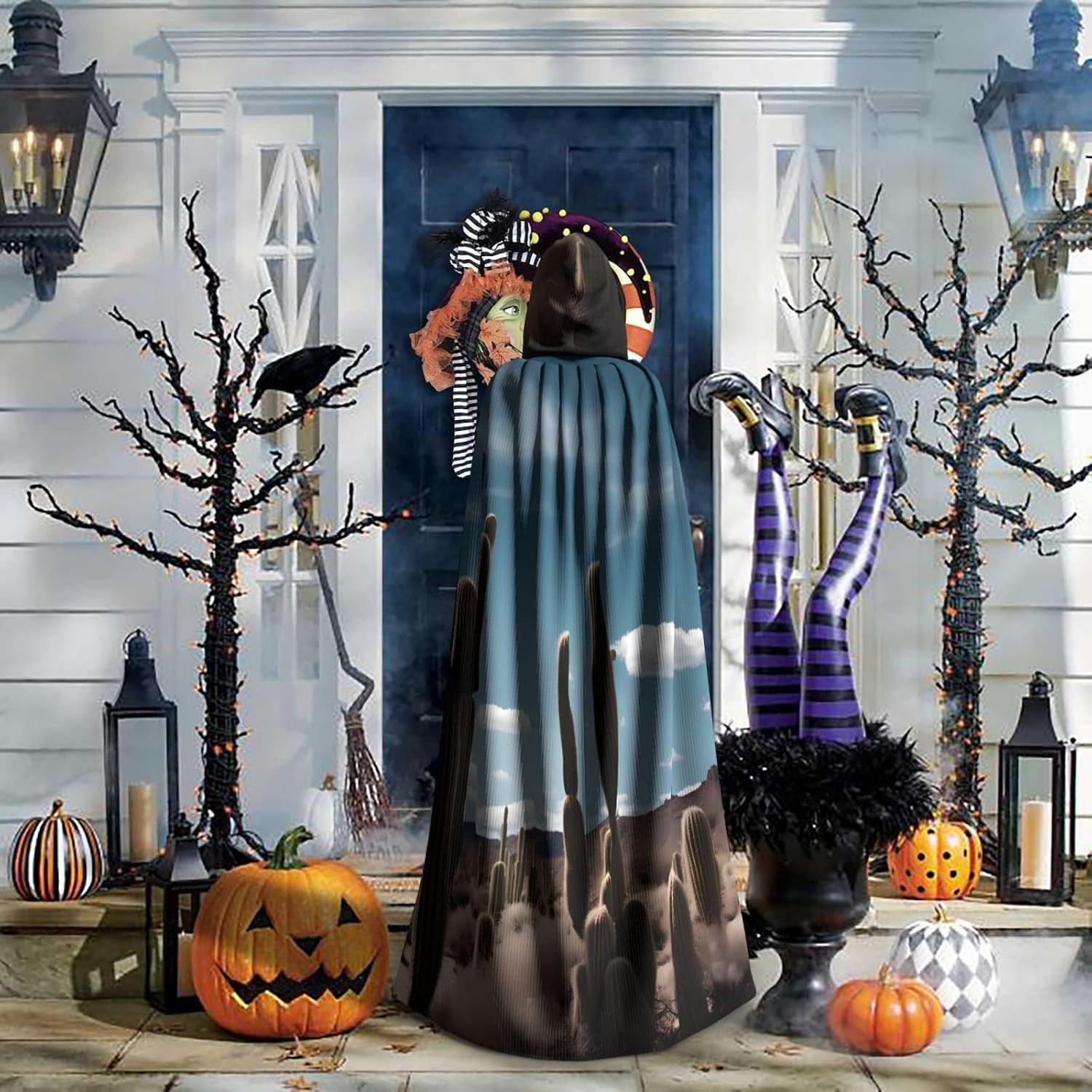 Unisex Full Length Hooded Halloween Christmas Party Robe Cloak Cape Cosplay Costume Men Women Beautiful Cactus Prints Black