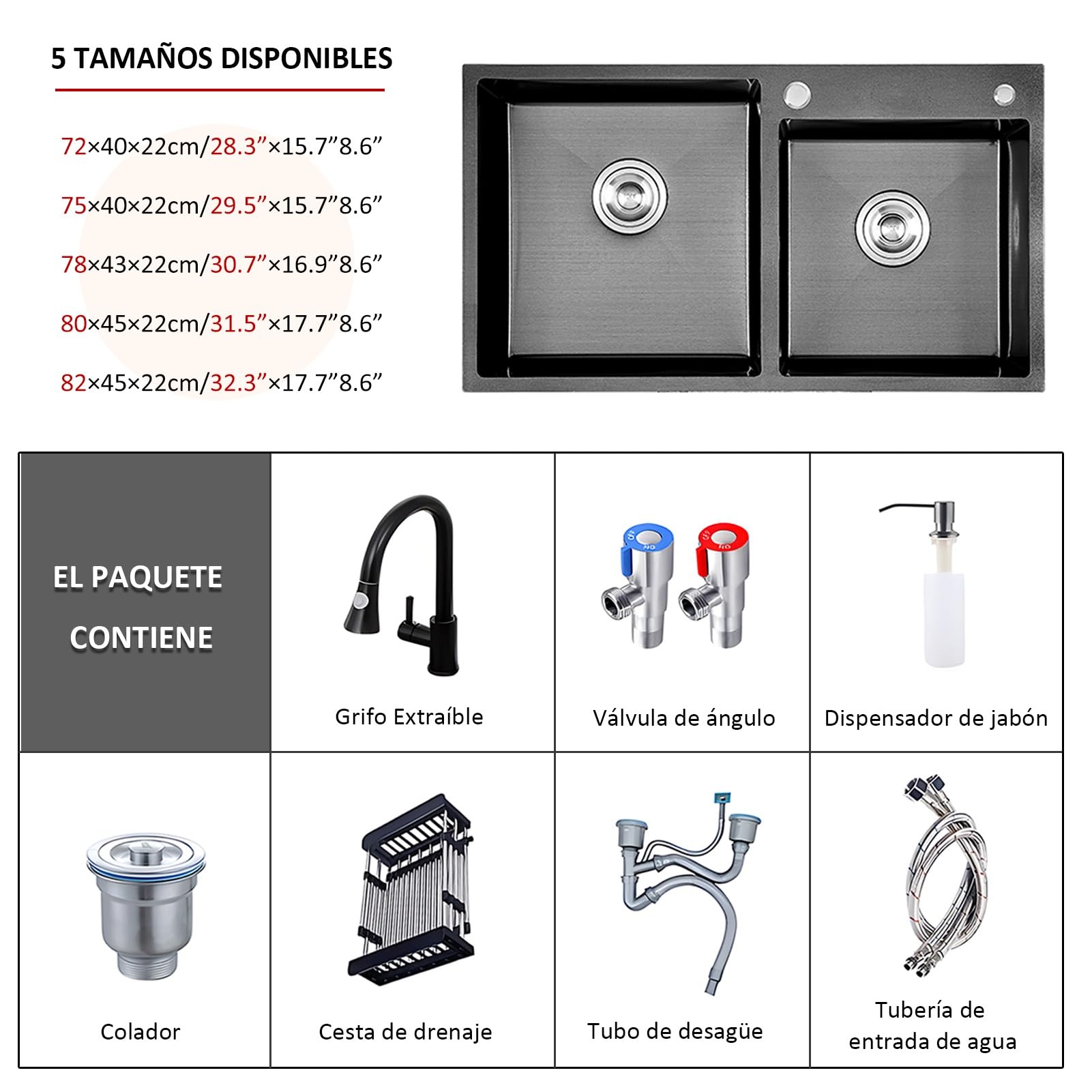 Fregadero de Cocina Negro de Acero Inoxidable 304 con Grifo extraíble, Cesta de desagüe Extensible, dispensador de jabón y Accesorios, Fregadero Doble Grande para Barra, estación d
