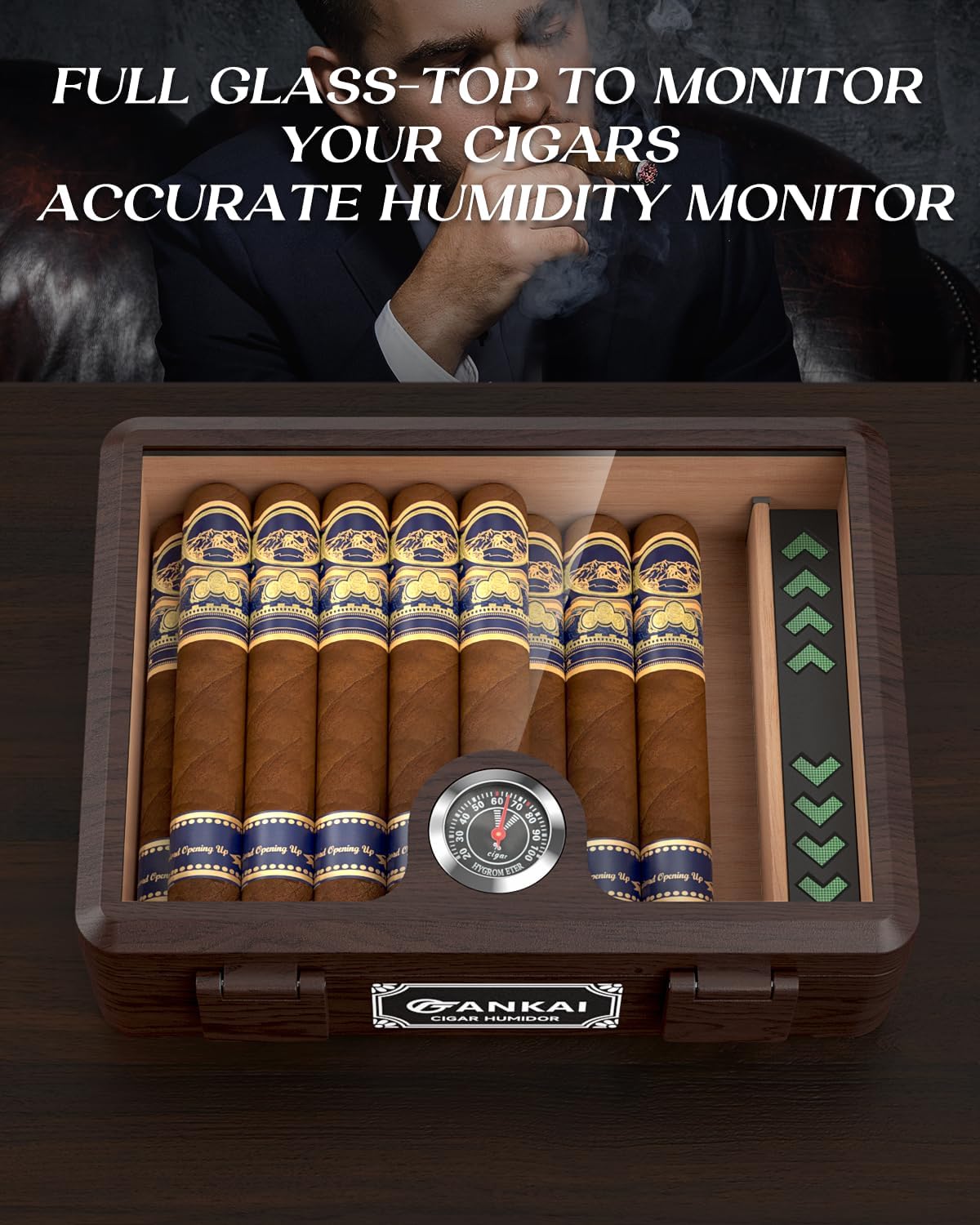 Cigar Humidor, Glass top Cigar Case with Straight Cutter Guillotine, V Cut, Punch Tool, Spanish Cedar Wood Lining Case, Crush-Proof Storage Box with Humidifier & Hygrometer - Image 7