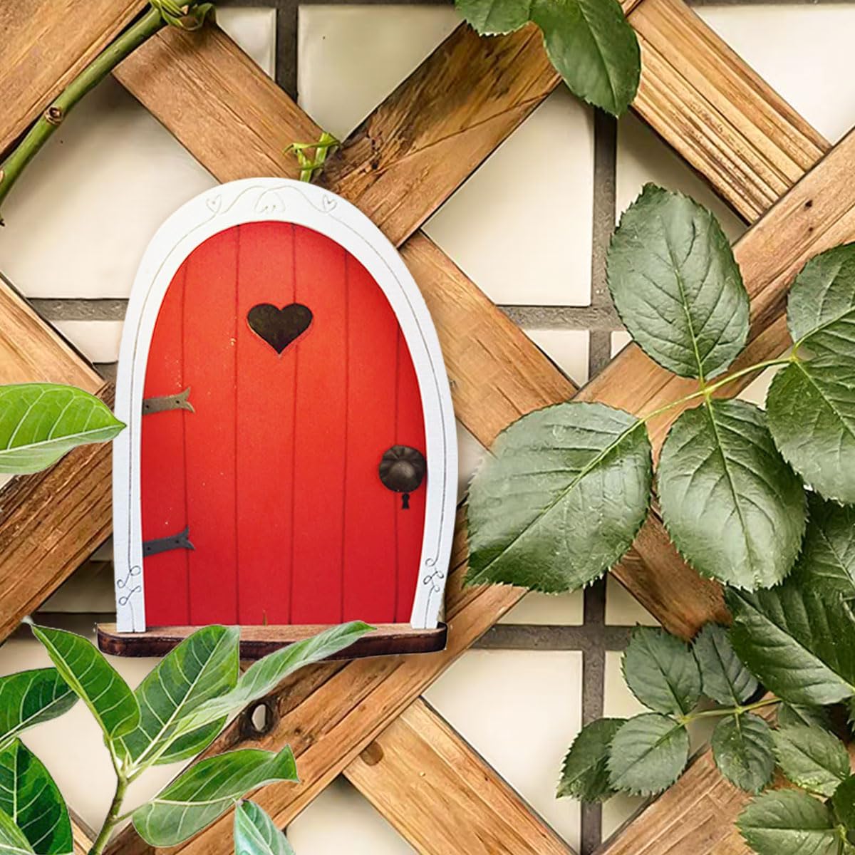 Fairy Garden Accessories for Trees Miniature Fairy-Doors Wall Wooden Doors Ornaments Art Sculpture Decoration DIY Fairies Indoor/Outdoor Mystical Door for Tree Trunk(Red)