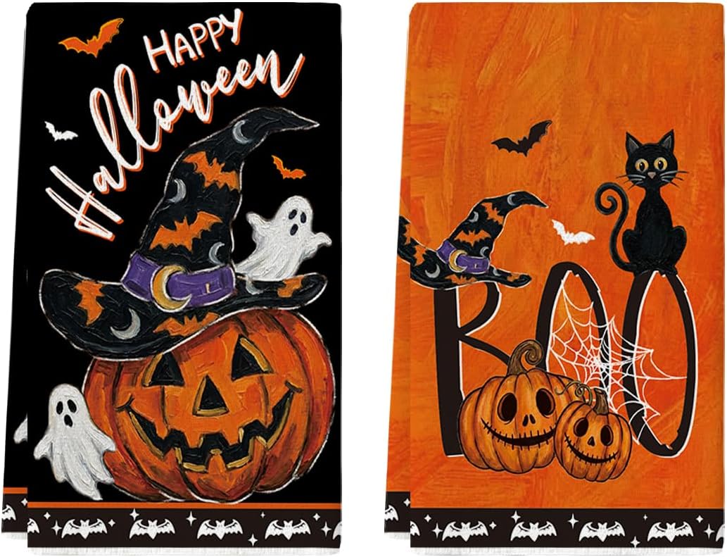 Artoid Mode Pumpkin Bats Halloween Kitchen Towels Set of 2 18x26 Inch