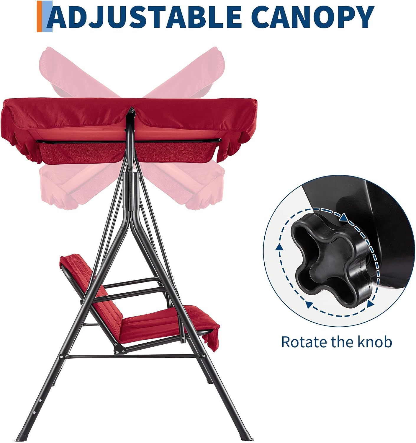3-Seat Outdoor Patio Porch Swing with Stand, Adjustable Canopy & Thick Waterproof Cushions, Steel Frame Swing Outdoor Chair for Backyard, Front Porch, Lawn, Garden