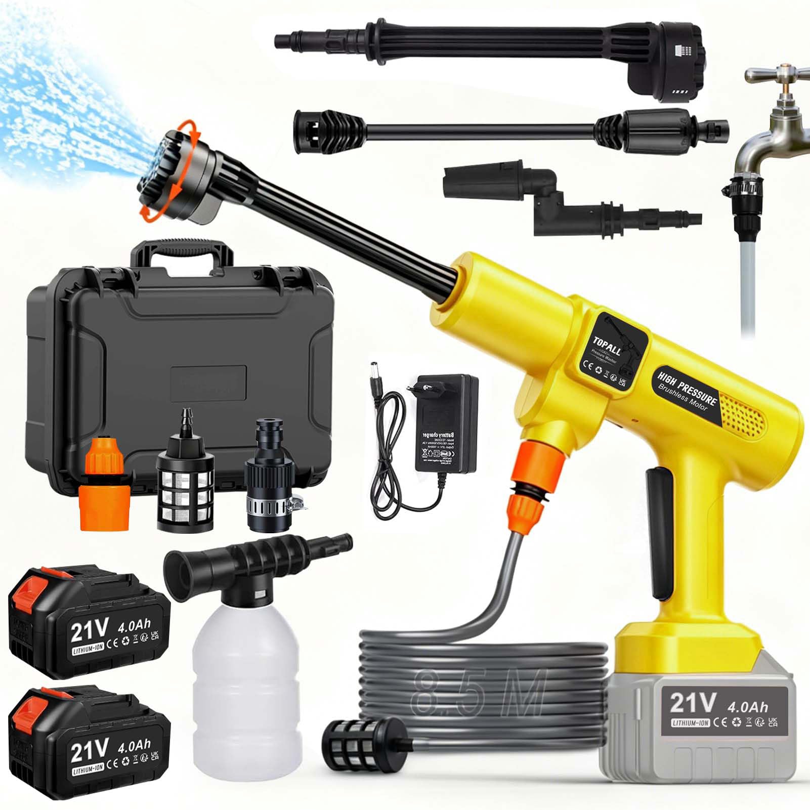 TOPALL Hidrolimpiadora Bateria Portatil,Press & Clean Pistola Lavado,Máximo 45Bar/652PSI,Pistola de Agua a Presión con Batería de 2 * 4.0Ah | Manguera de 8.5M | 6 en 1 Boquilla |Giratoria Boquilla